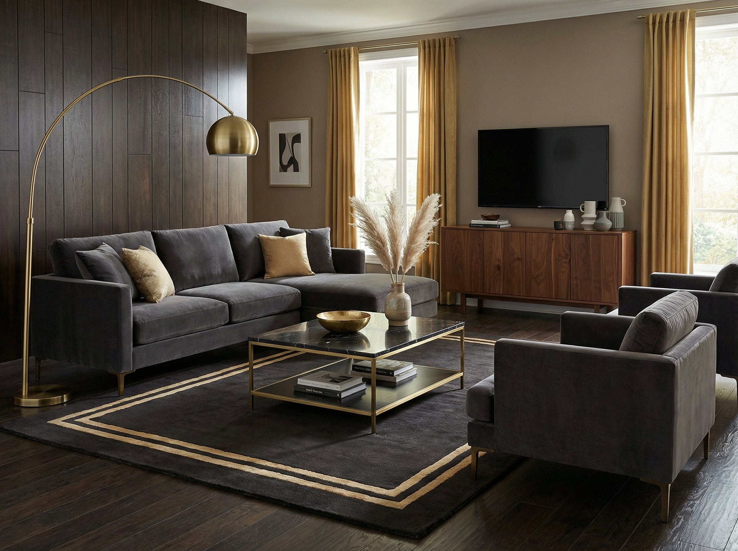 Tapis rectangulaire noir et doré, style déco moderne, ambiance chaleureuse dans le salon