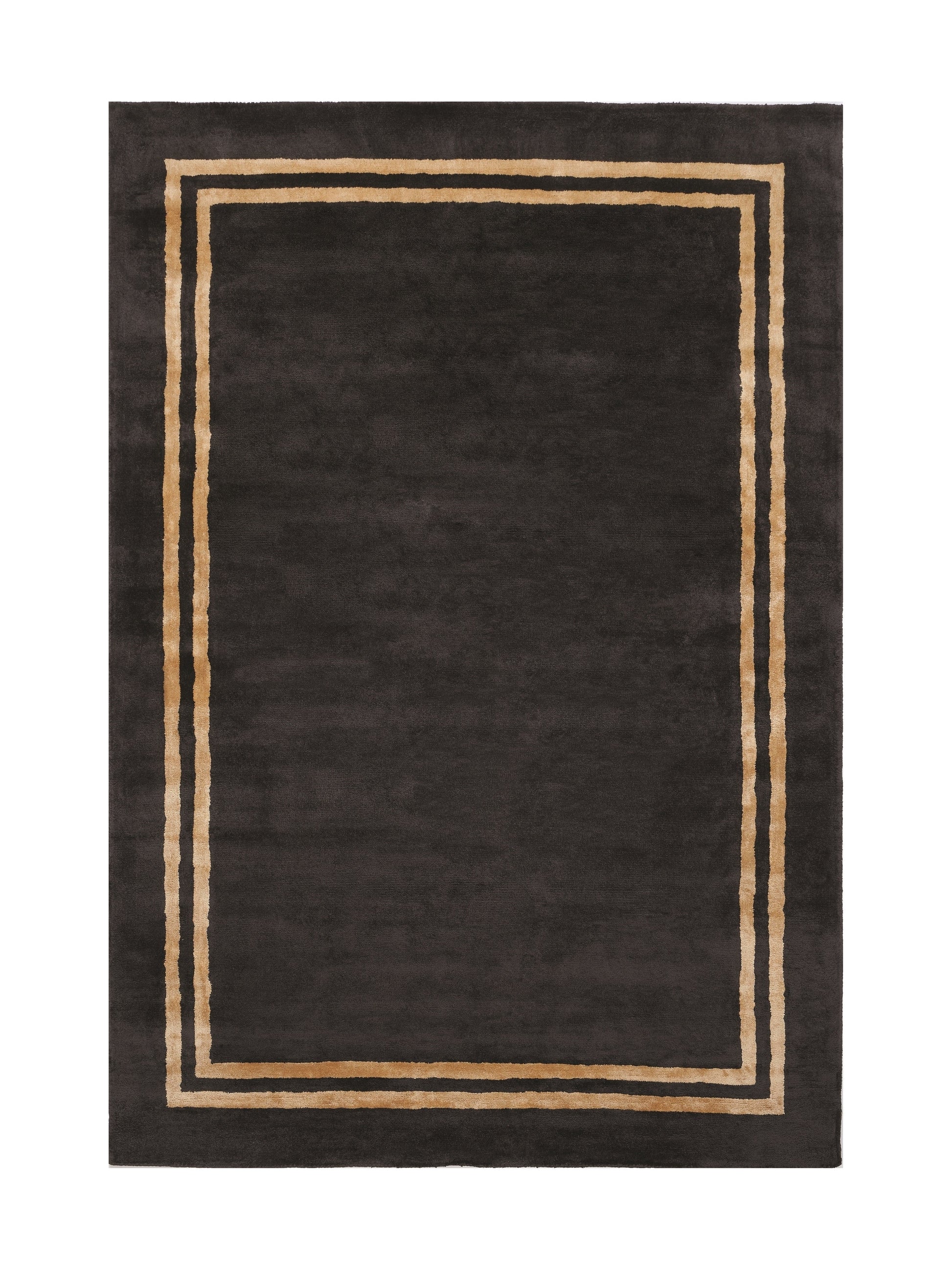 Tapis rectangulaire, style moderne, noir avec bordure dorée, ambiance sobre et élégante