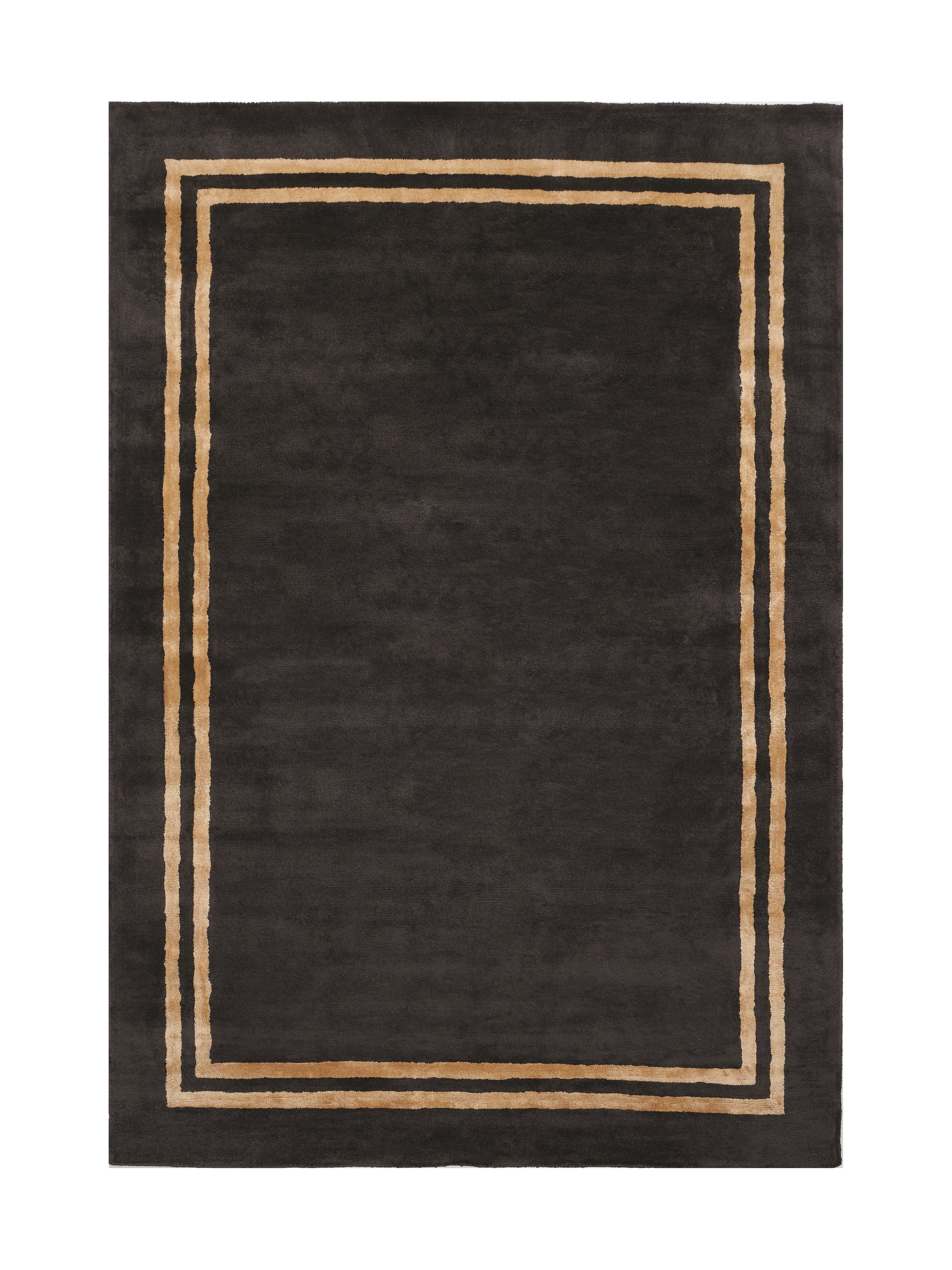 Tapis rectangulaire, style moderne, noir avec bordure dorée, ambiance sobre et élégante