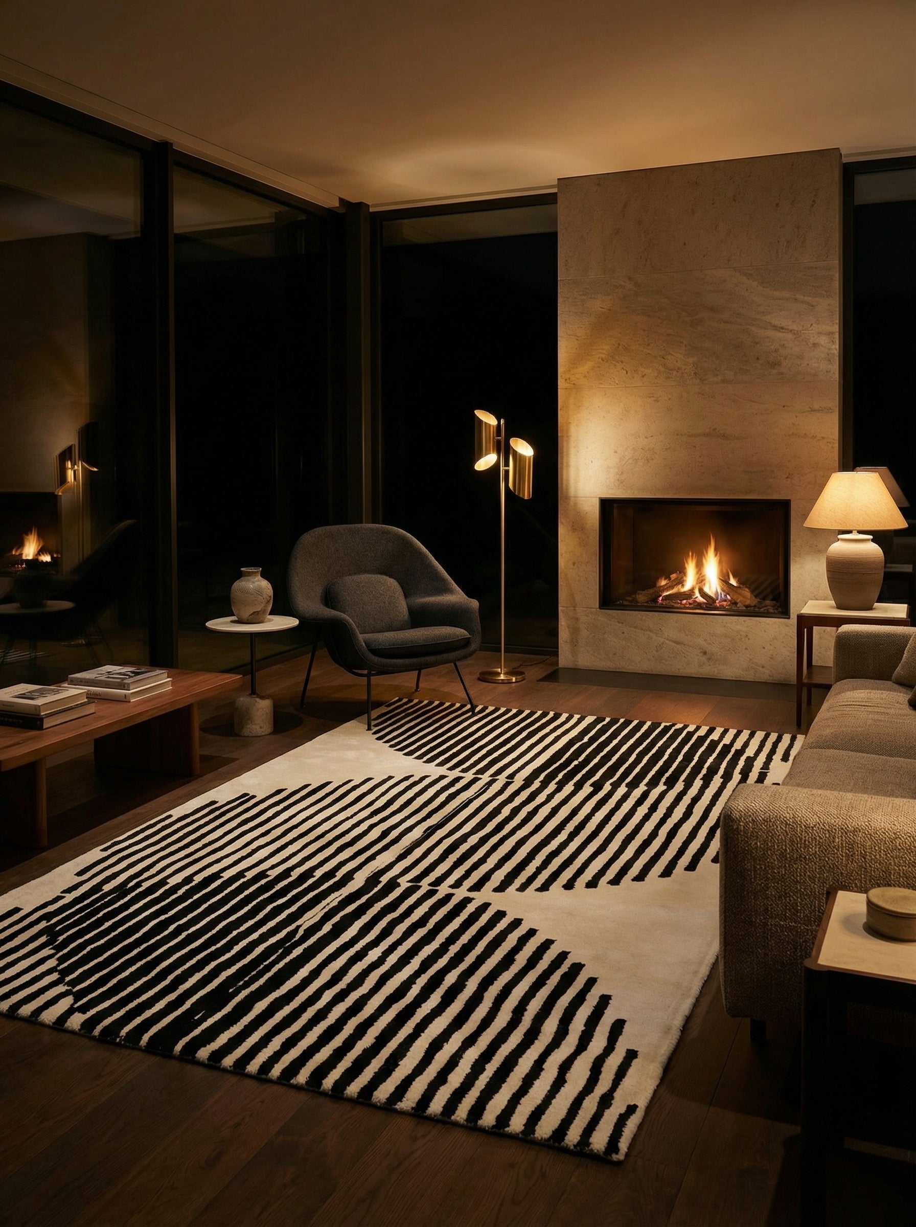 Tapis rectangulaire noir et ivoire. Lumière chaude, ambiance cosy dans la pièce