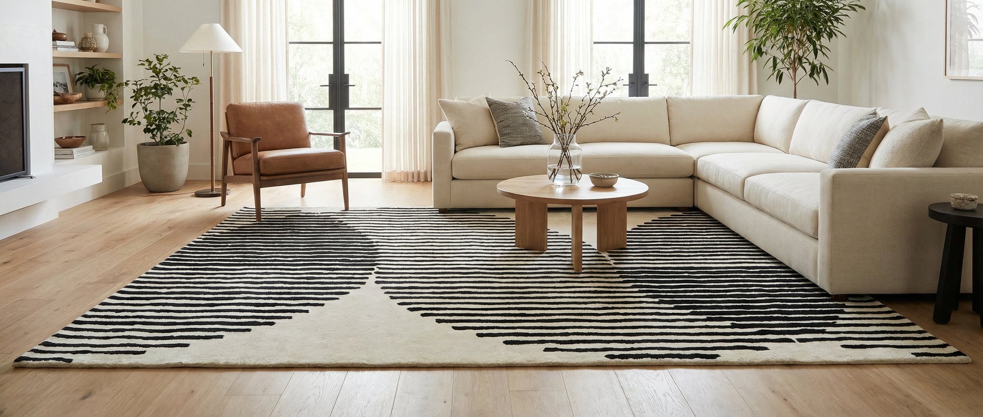 Tapis rectangulaire noir et ivoire transforme la pièce, créant une harmonie visuelle. Ambiance chaleureuse et moderne