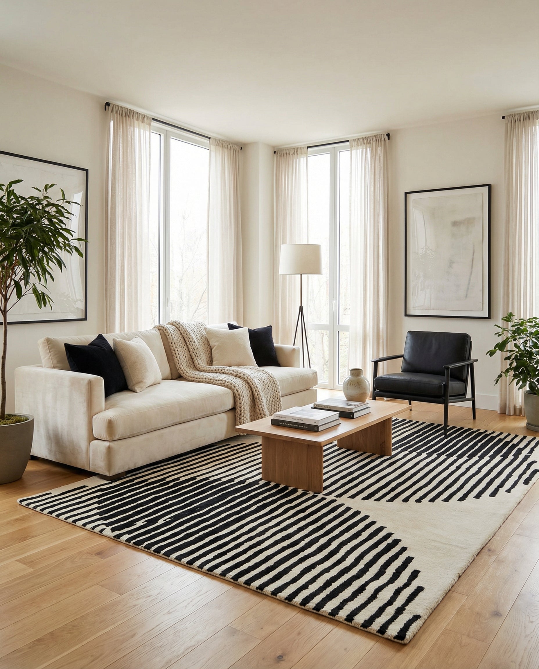 Tapis rectangulaire noir et ivoire. Il dynamise la pièce, créant une ambiance moderne et chaleureuse