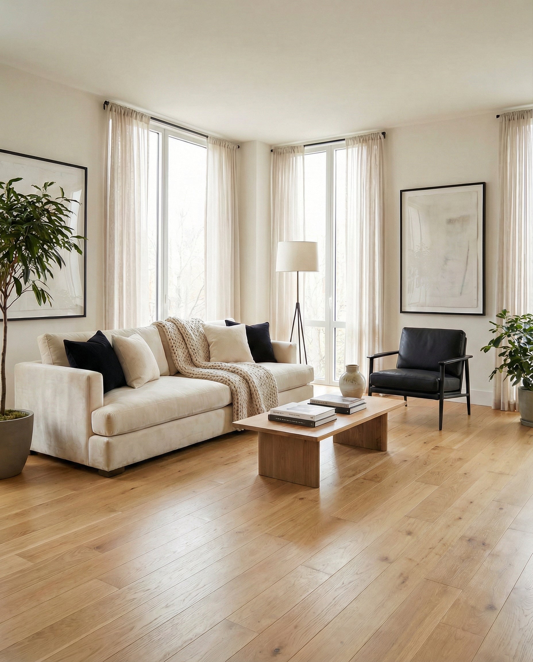 Pièce lumineuse avec plancher en bois clair, canapé ivoire, fauteuil noir, tableaux encadrés, ambiance neutre et épurée