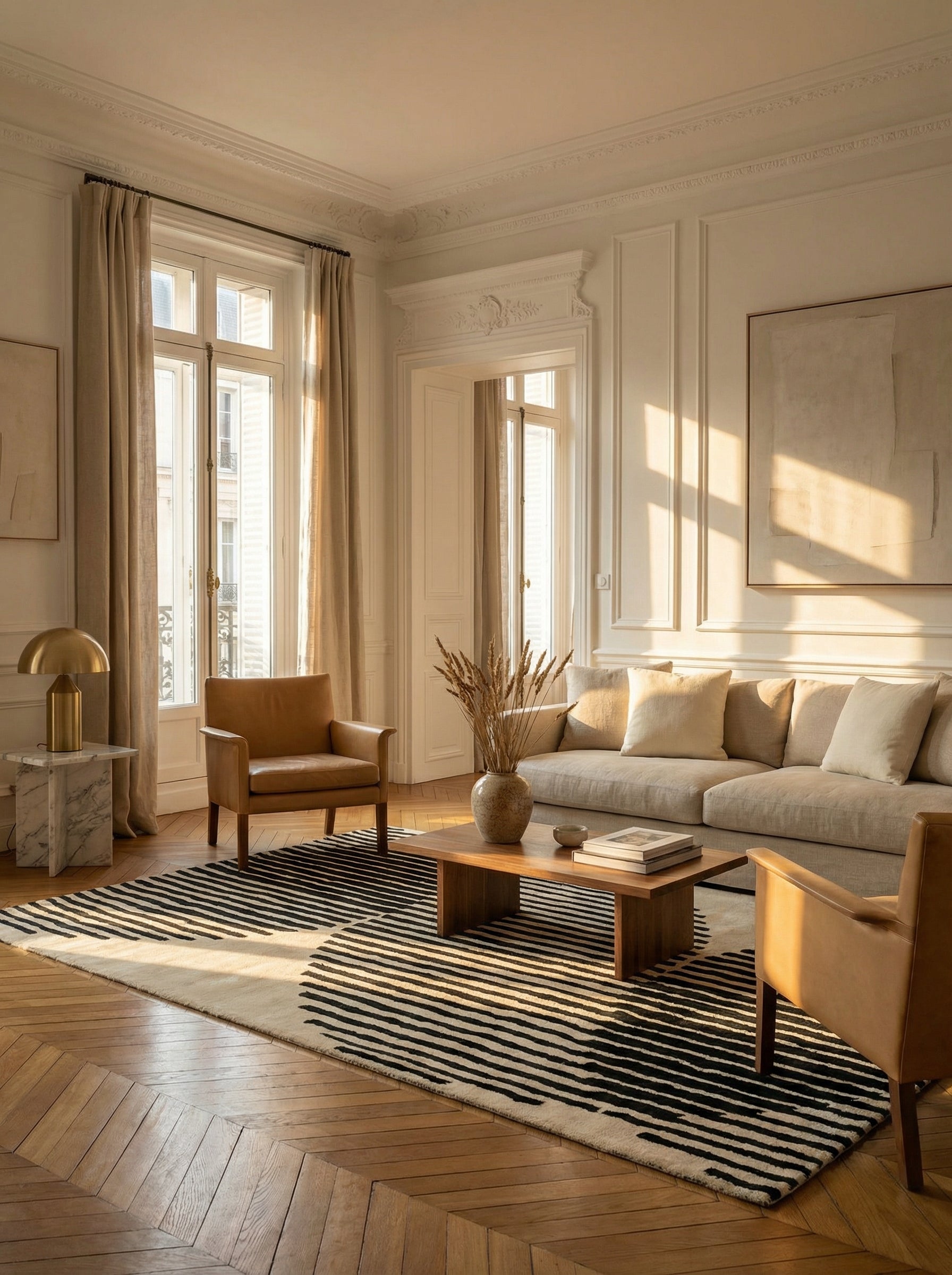 Tapis rectangulaire noir et ivoire, élégance dans un salon classique. Ambiance chaleureuse, style épuré