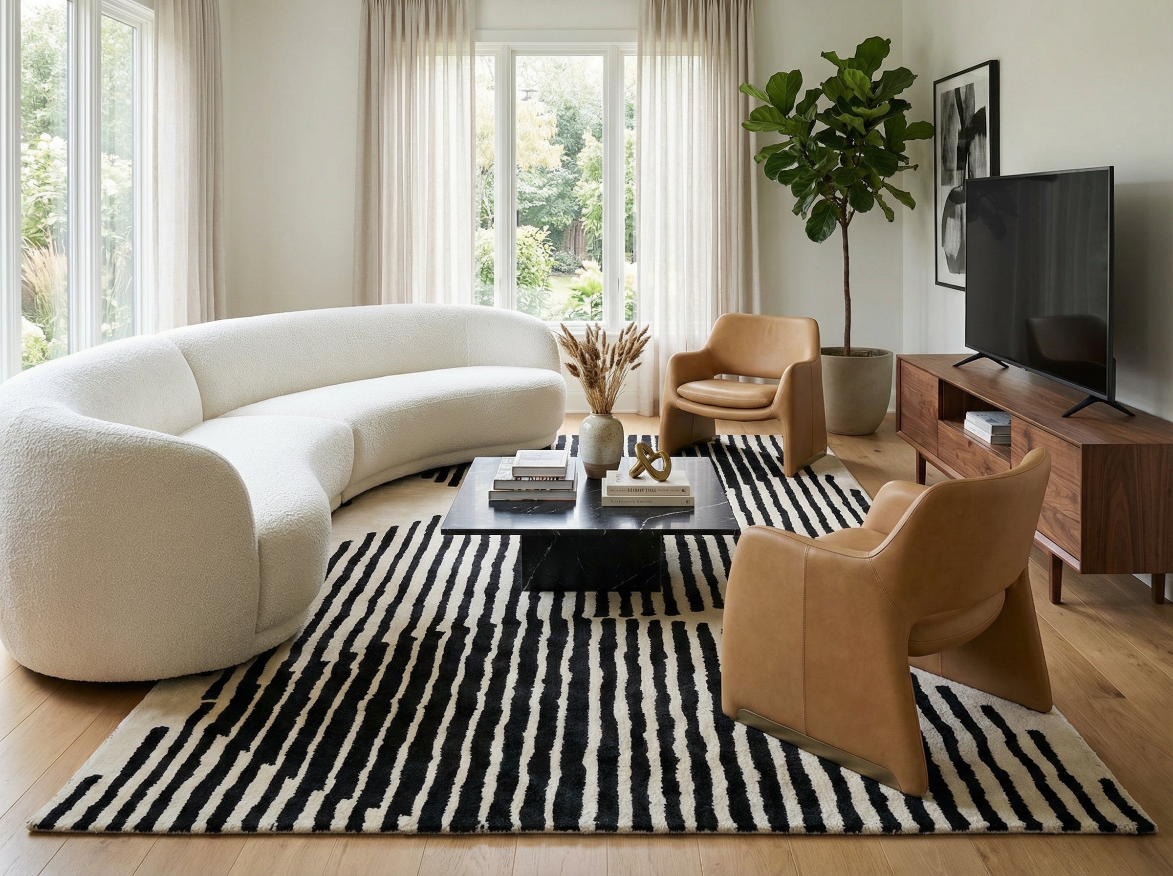 Tapis rectangulaire noir et ivoire dans un salon. Style déco moderne. Ambiance chaleureuse et élégante