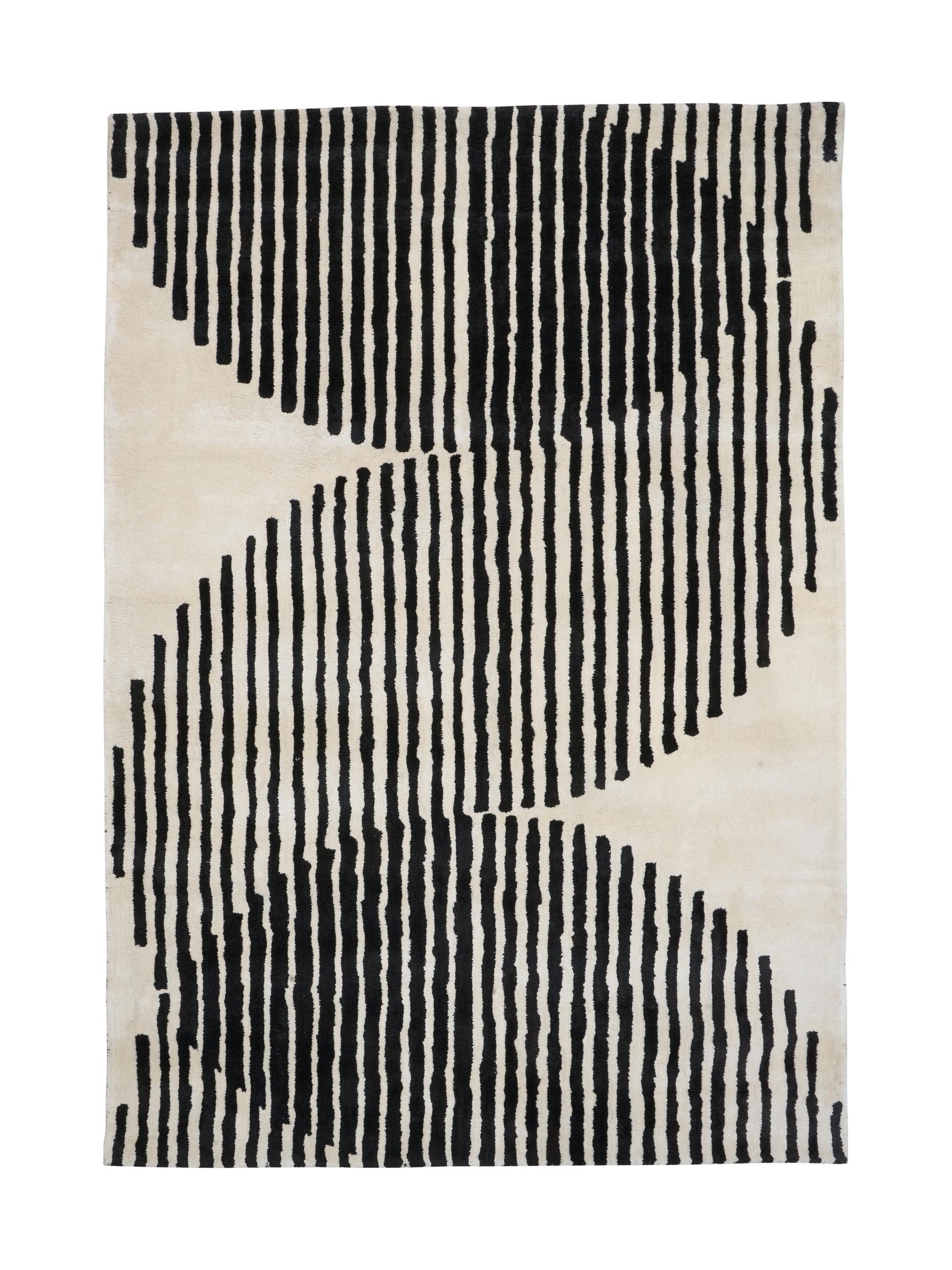 Tapis rectangulaire avec motif de rayures verticales noires sur fond ivoire, style abstrait