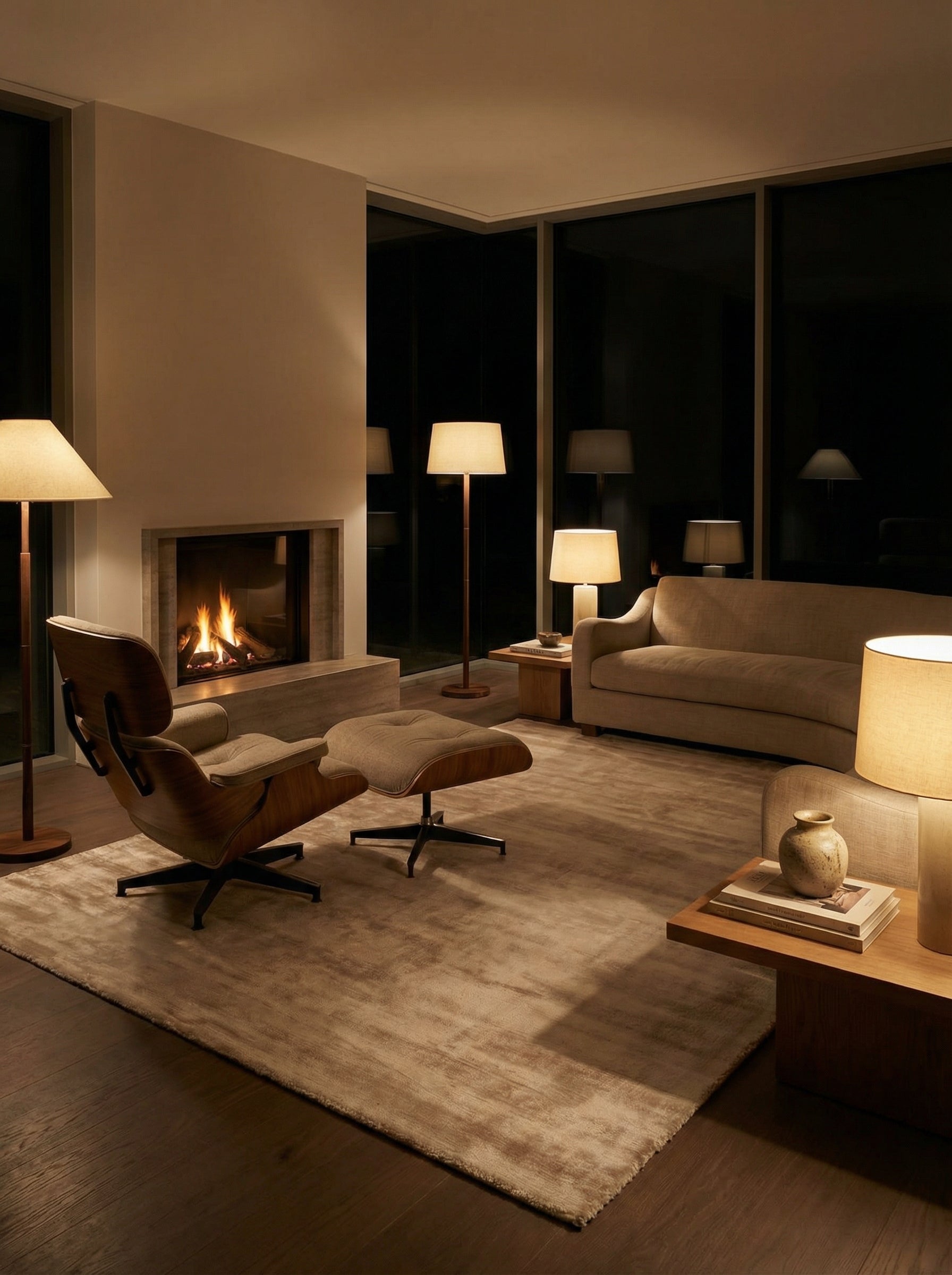 Tapis rectangulaire beige et sable, éclairage de soirée, lumière chaude, ambiance cosy dans la pièce