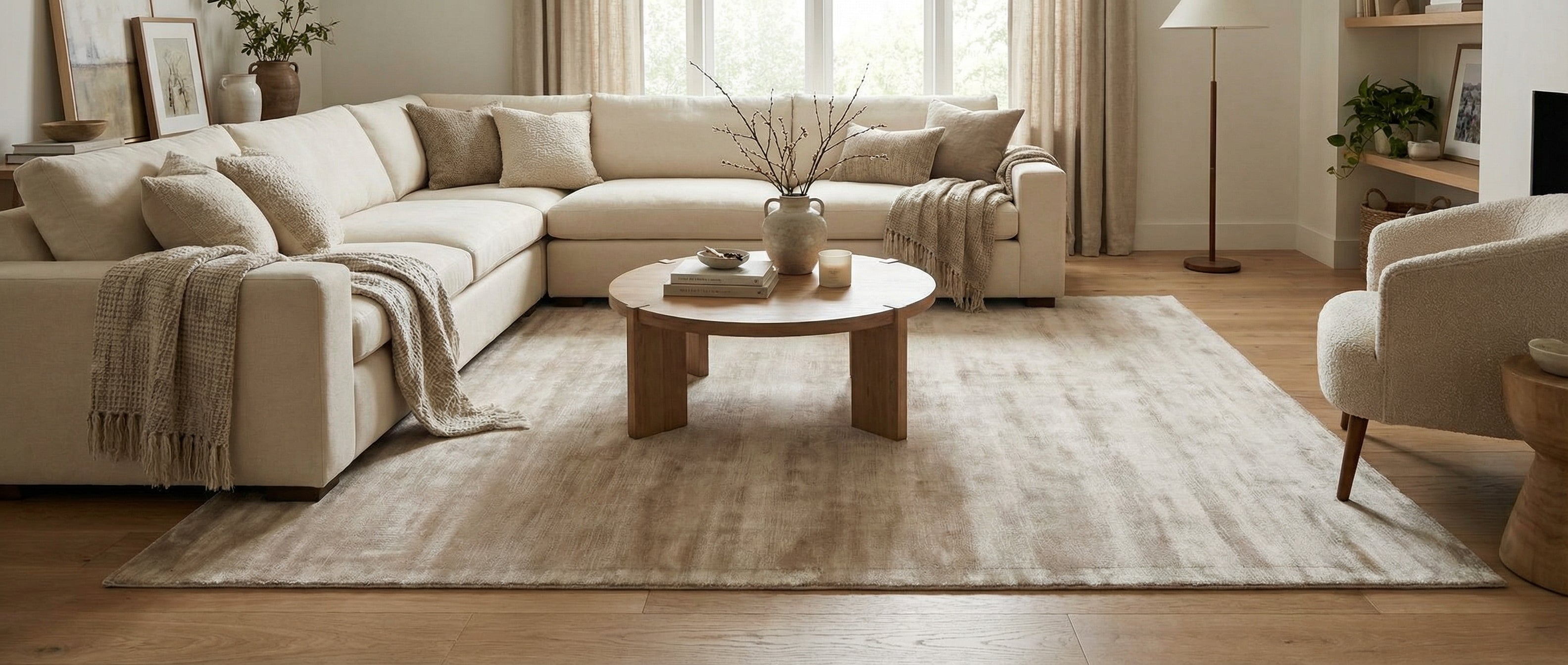 Le tapis beige rectangulaire transforme la pièce. Il crée une harmonie avec l'ambiance et les couleurs sable