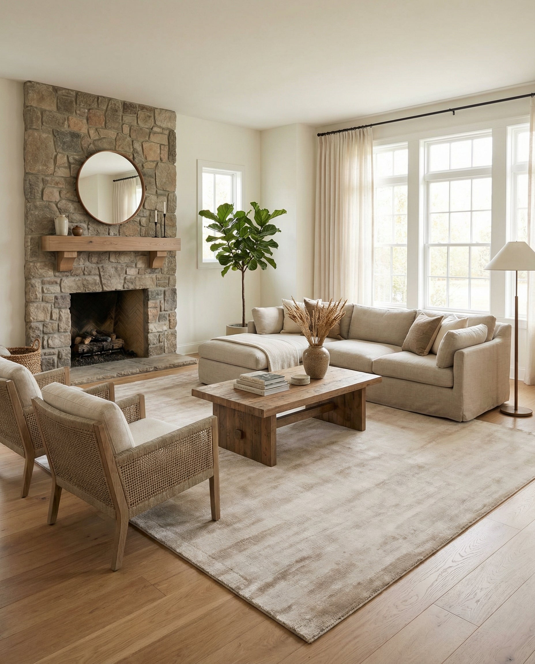 Tapis rectangulaire beige et sable, adoucissant la pièce, créant une ambiance chaleureuse et accueillante