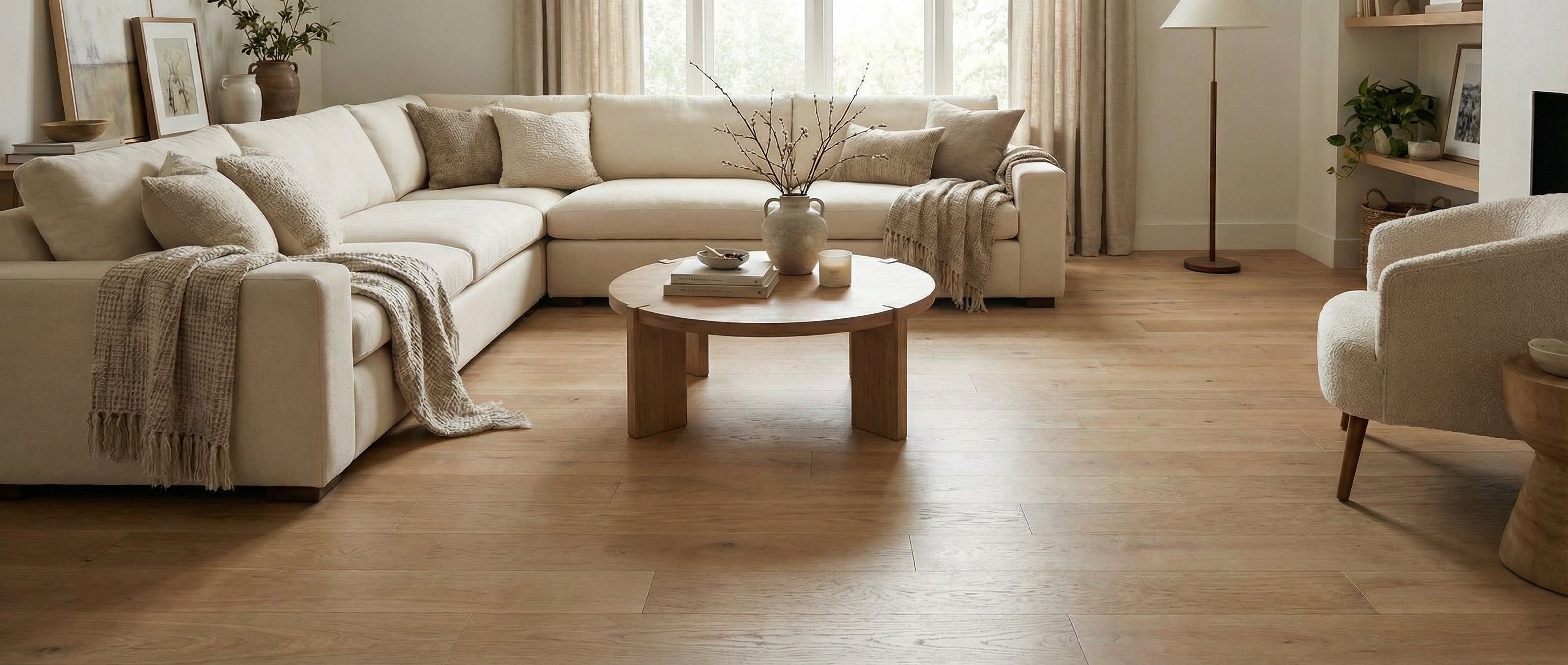 Pièce lumineuse avec canapé beige et parquet clair. Espace vide pour un tapis rectangulaire, ambiance chaleureuse