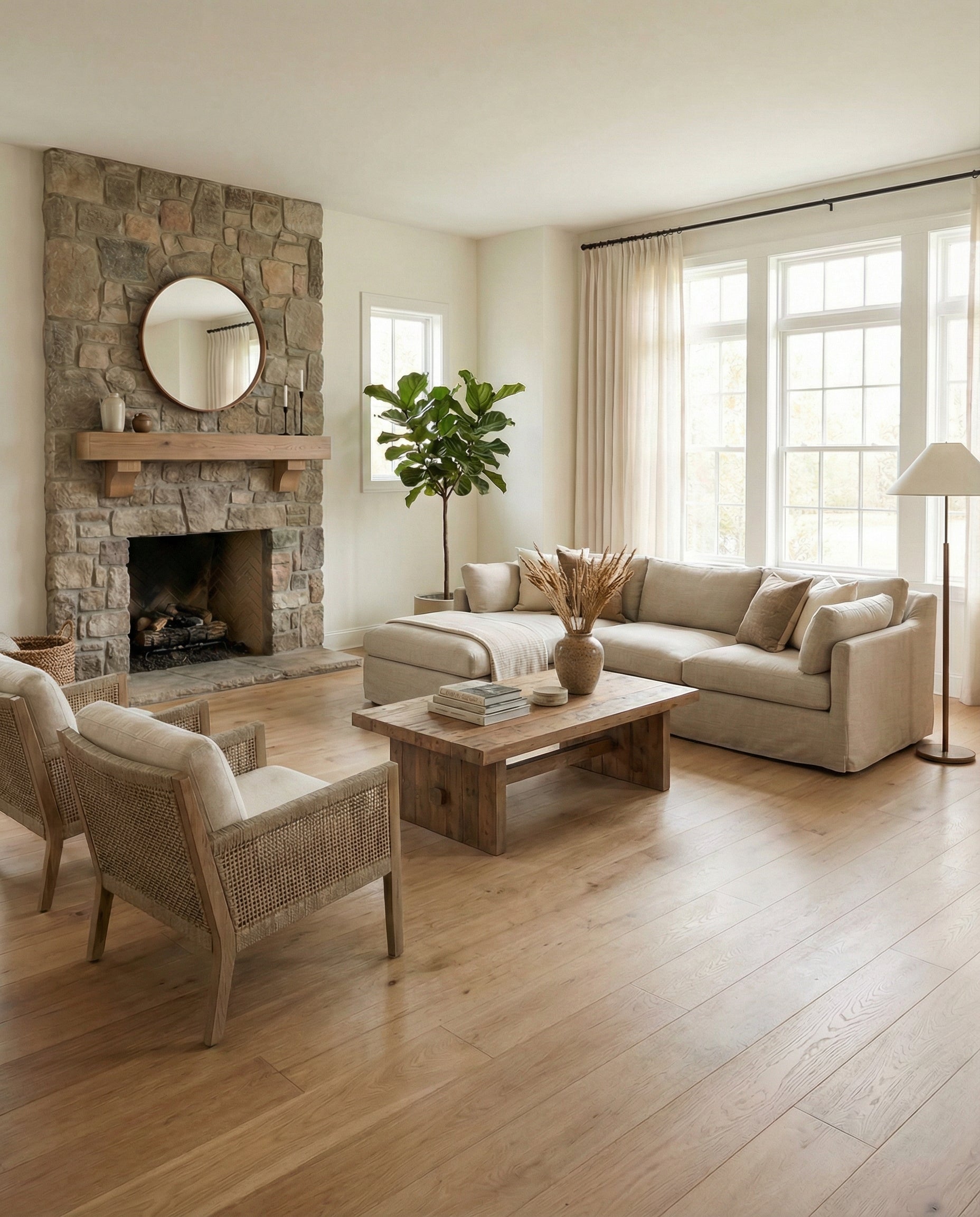 Pièce lumineuse avec parquet clair, canapé beige, fauteuils en bois clair, cheminée en pierre, miroir rond, ambiance