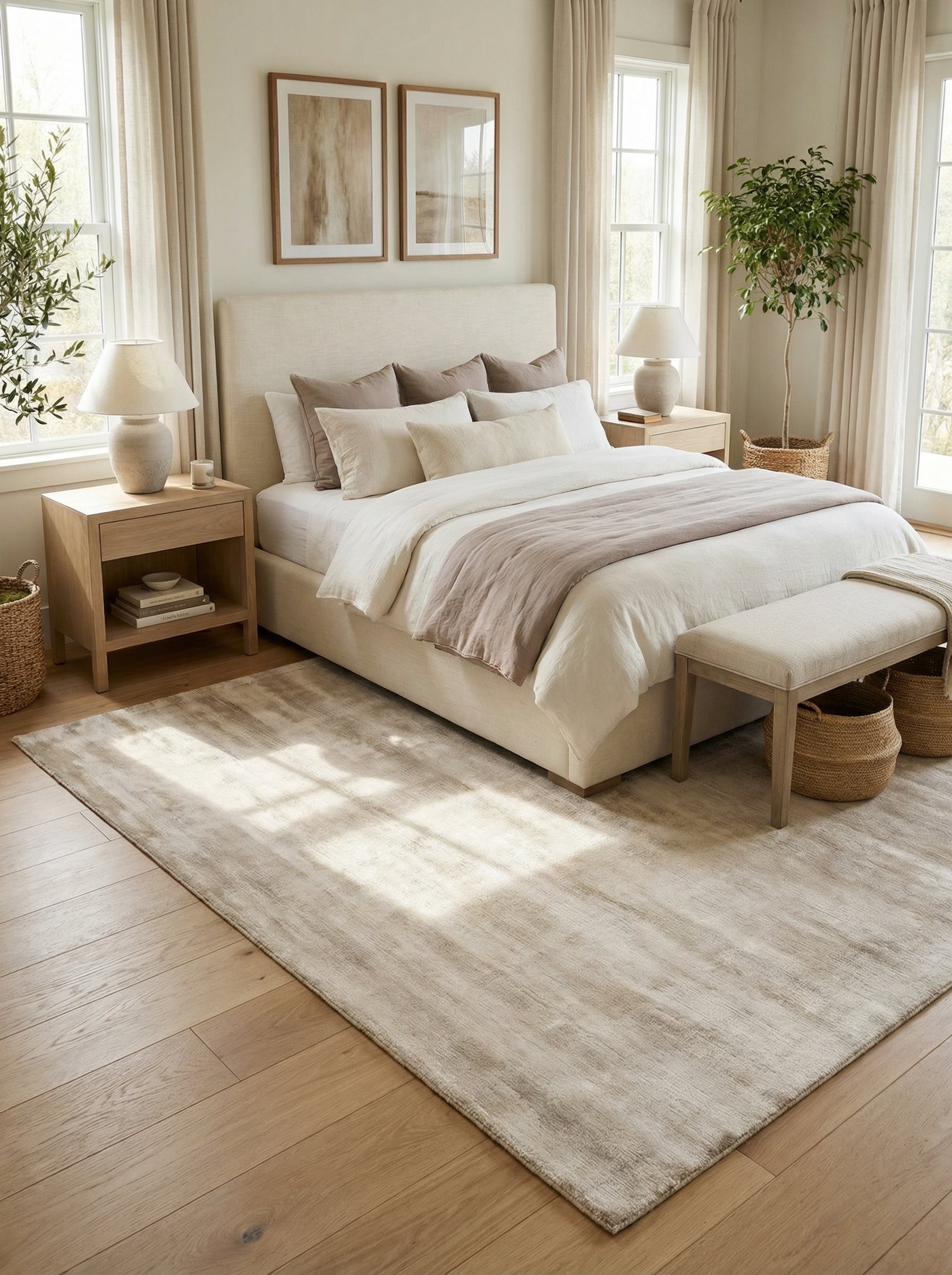 Tapis rectangulaire beige et sable. Harmonie dans la chambre. Style épuré et ambiance douce