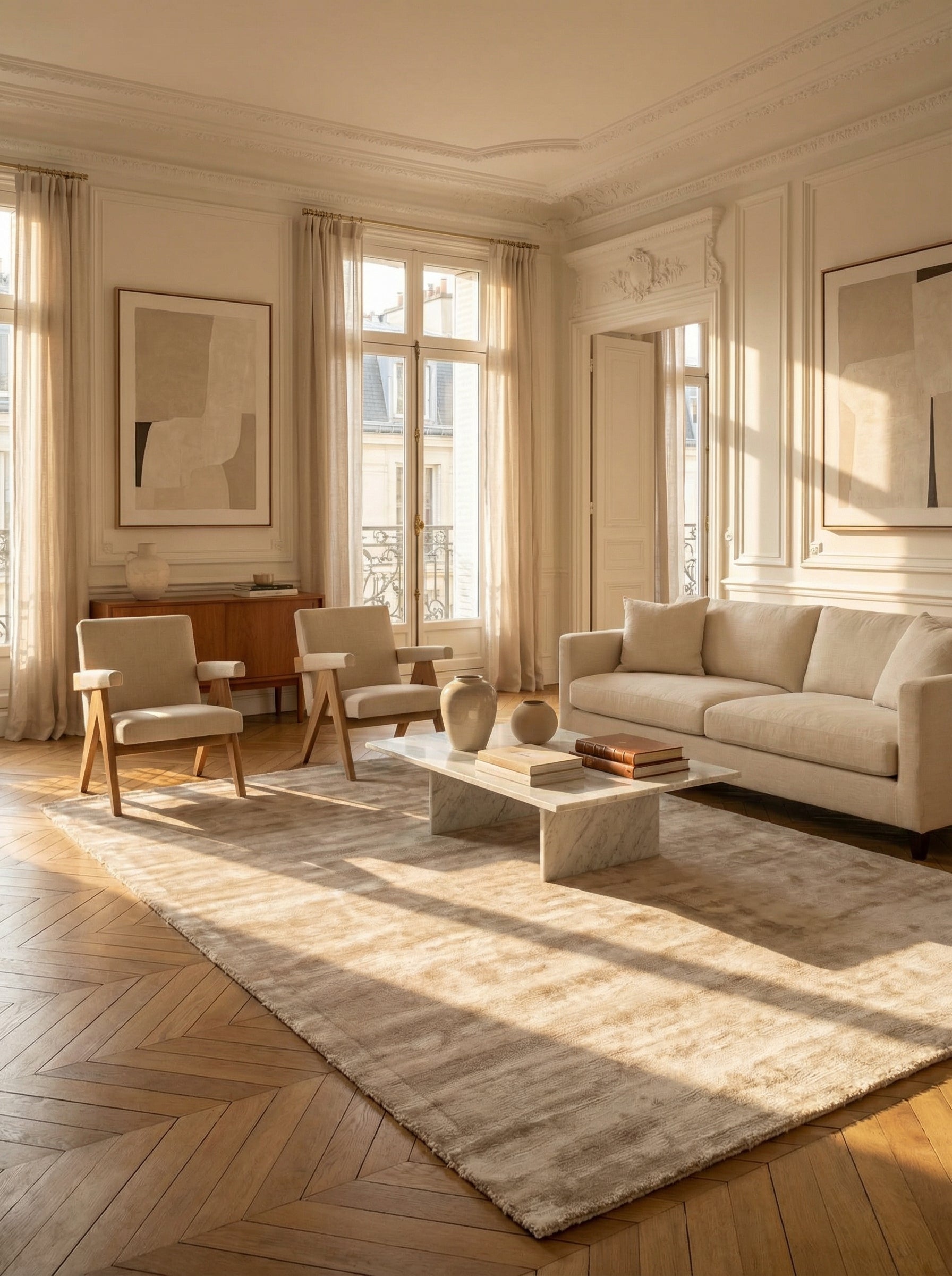 Tapis rectangulaire beige et sable, élégance dans un salon classique. Ambiance chaleureuse, style épuré