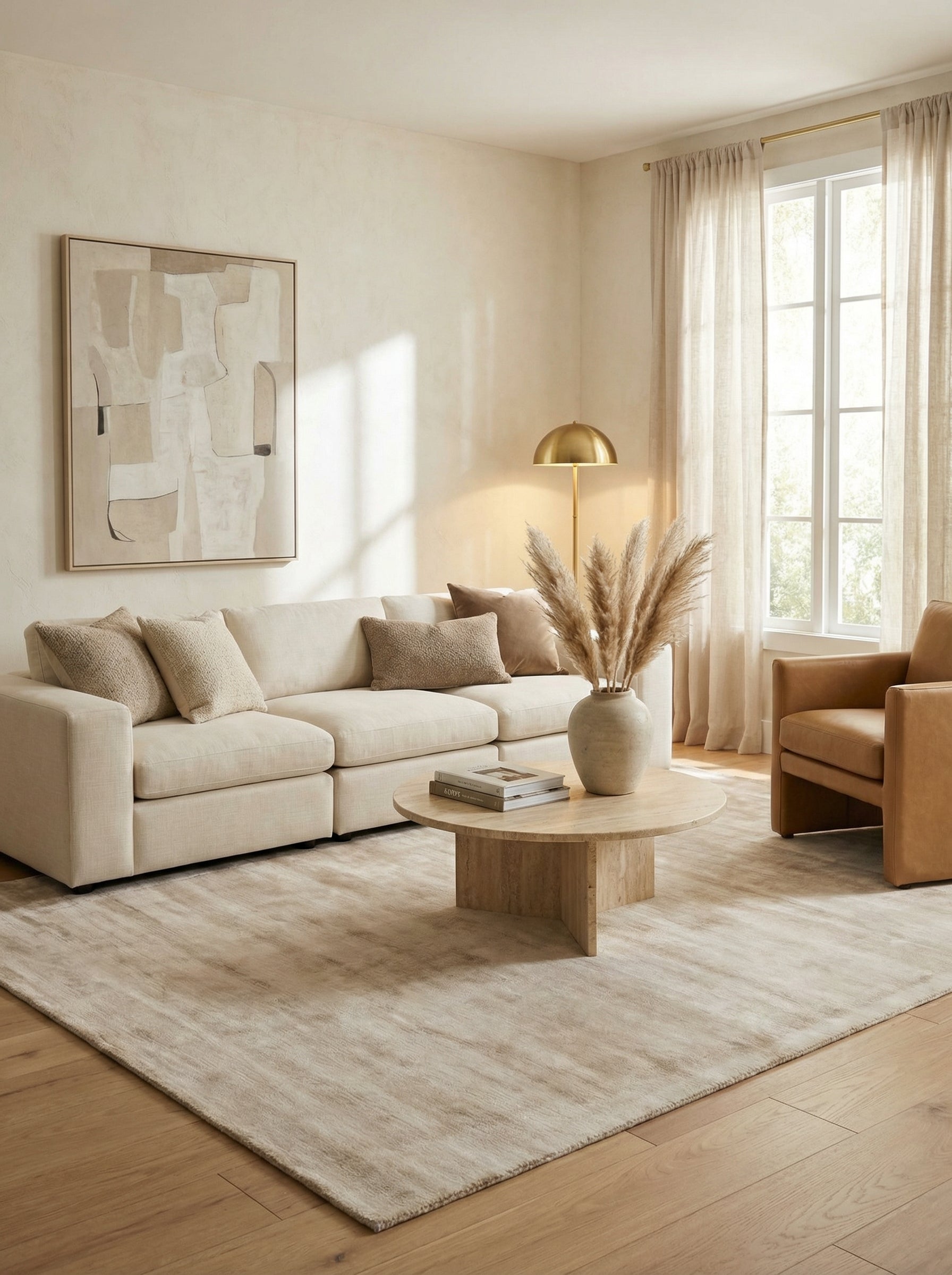 Tapis rectangulaire beige dans un salon contemporain. Design épuré, ambiance chaleureuse et moderne