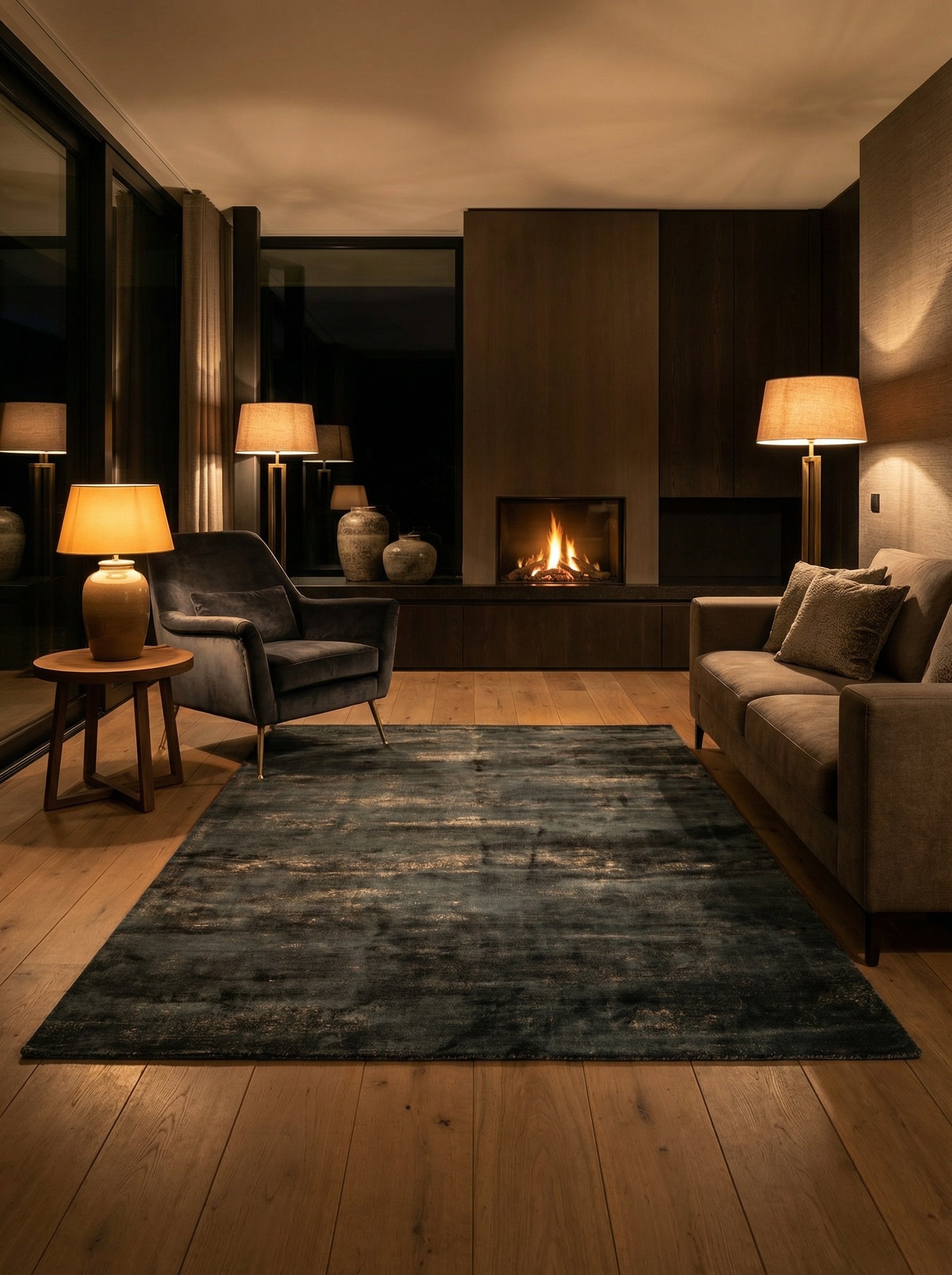 Tapis rectangulaire gris et bleu, lumière chaude, ambiance cosy dans le salon