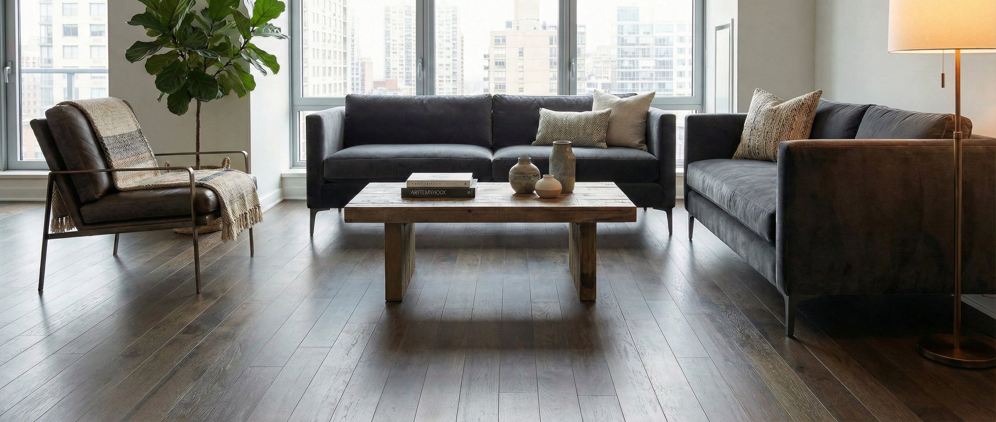 Pièce lumineuse avec canapés gris, fauteuil cuir, parquet foncé. Espace vide pour un tapis rectangulaire, ambiance cosy