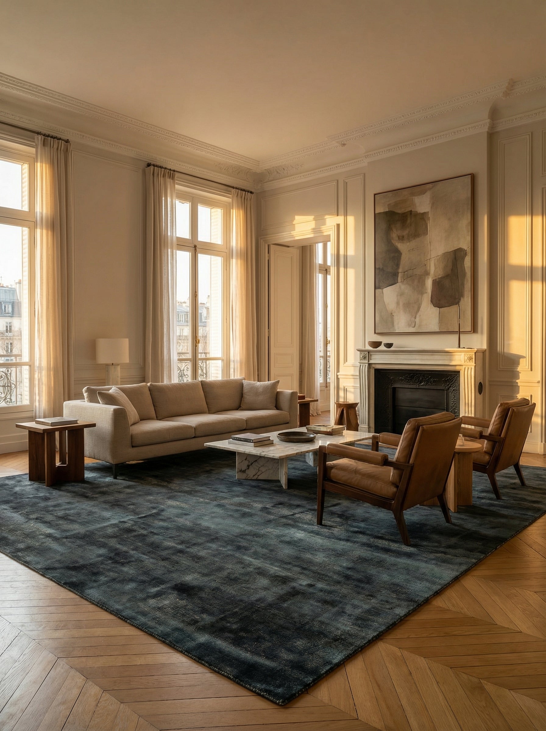 Tapis rectangulaire bleu-gris dans un salon classique. Élégance et style pour cette pièce. Ambiance chaleureuse