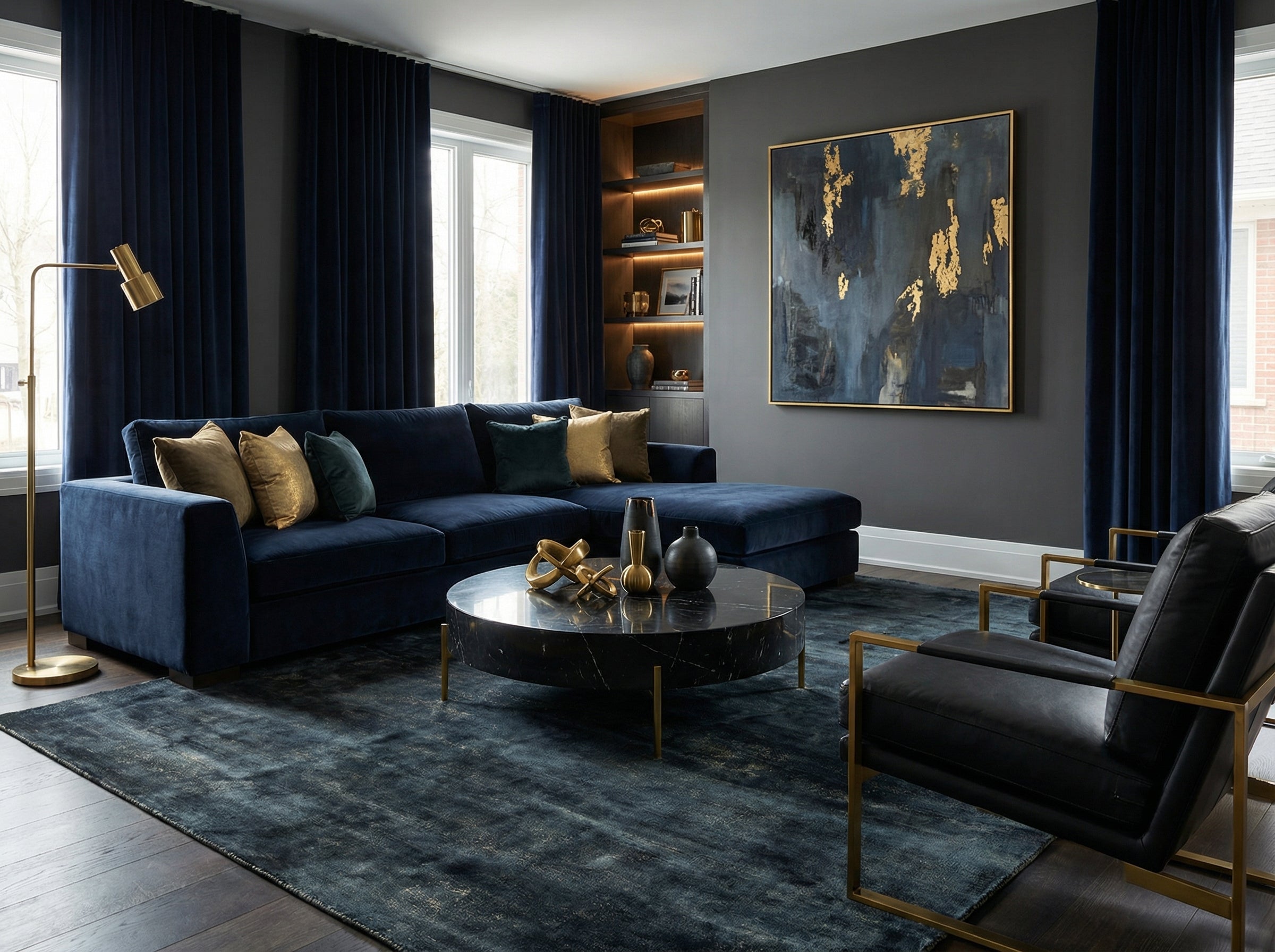 Tapis rectangulaire bleu et gris dans un salon. Ambiance feutrée et élégante. Style décoratif moderne