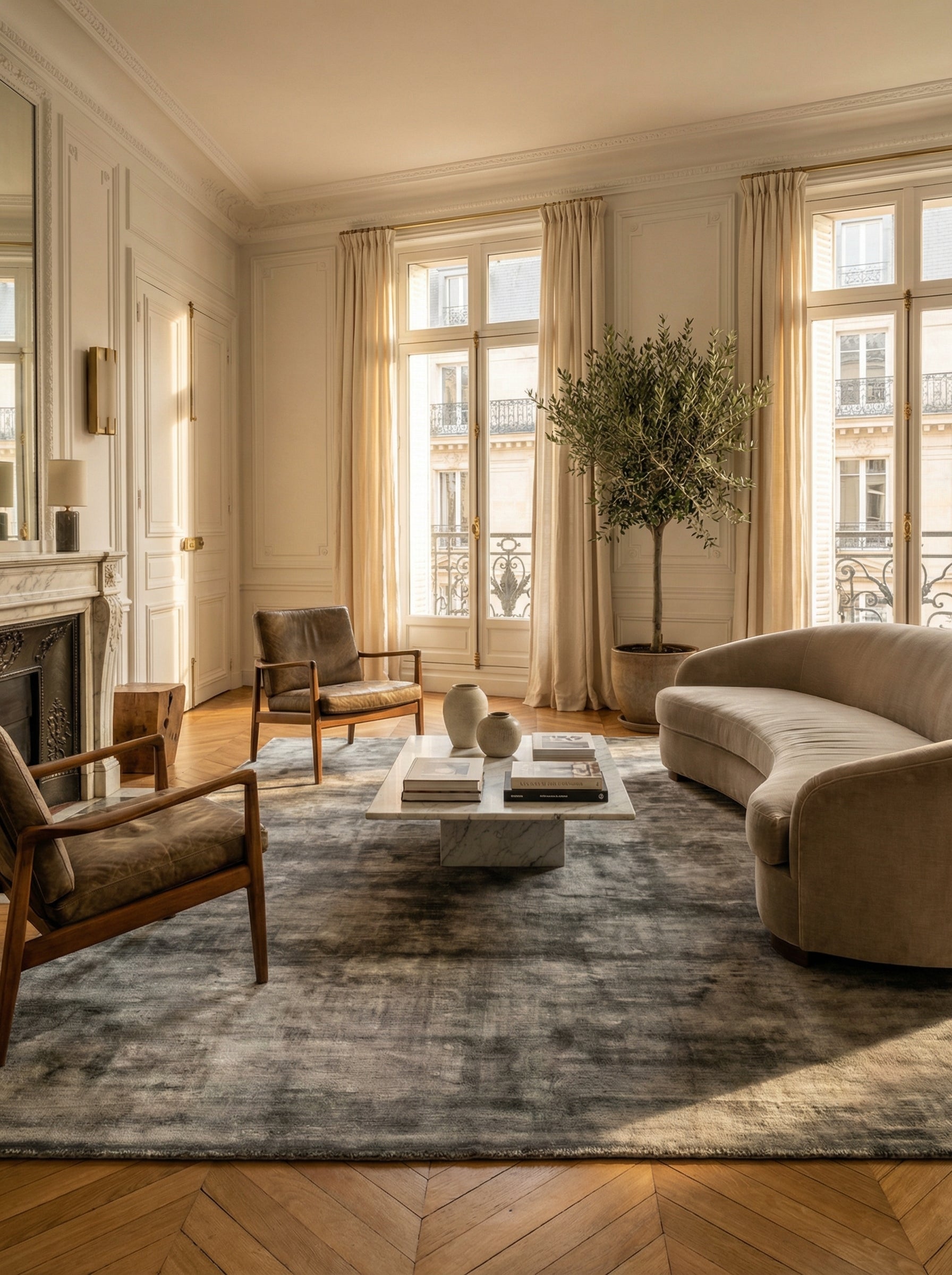 Tapis rectangulaire gris et acier. Élégance et style dans un intérieur classique. Ambiance feutrée