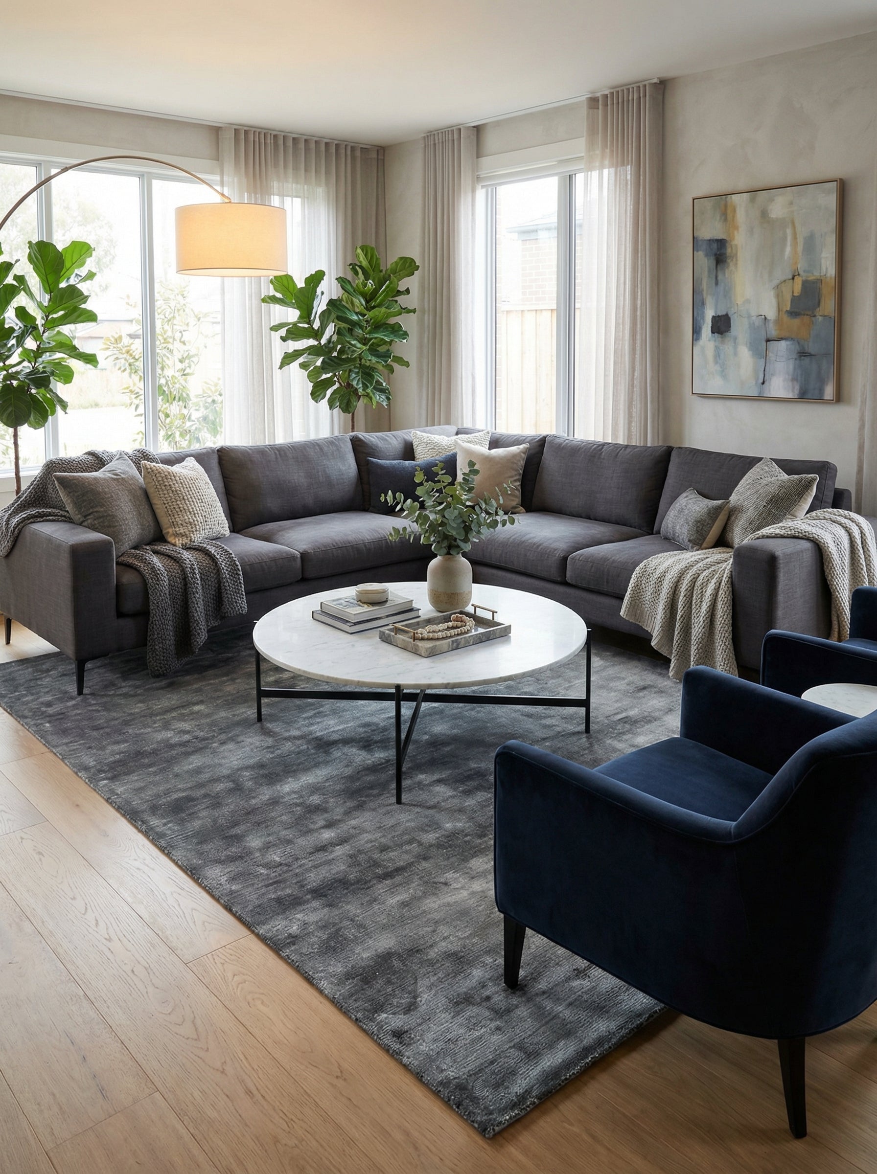 Tapis rectangulaire gris, design épuré, ambiance moderne dans un salon contemporain