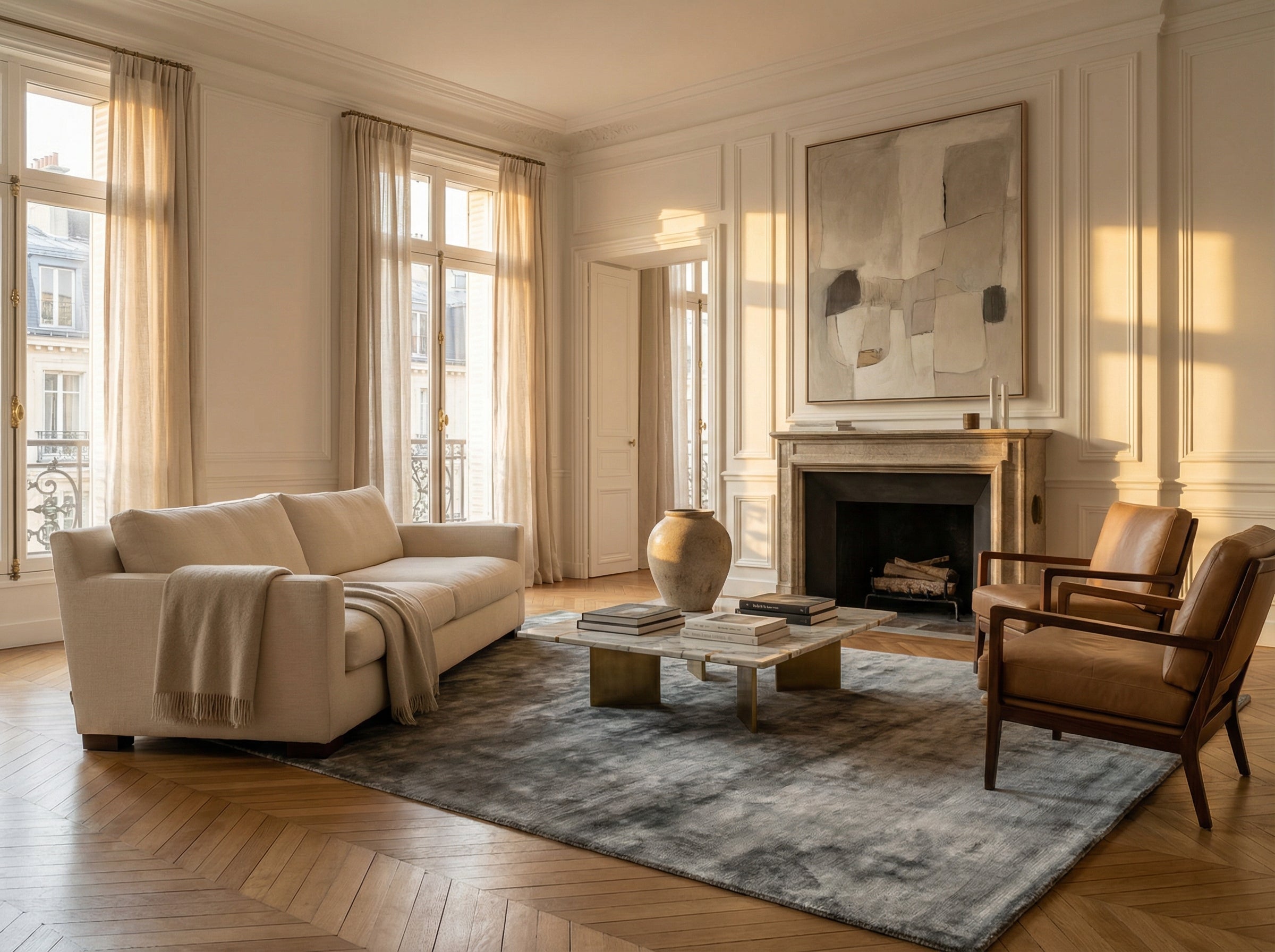 Tapis rectangulaire gris et acier dans un salon élégant. Ambiance chaleureuse et déco épurée