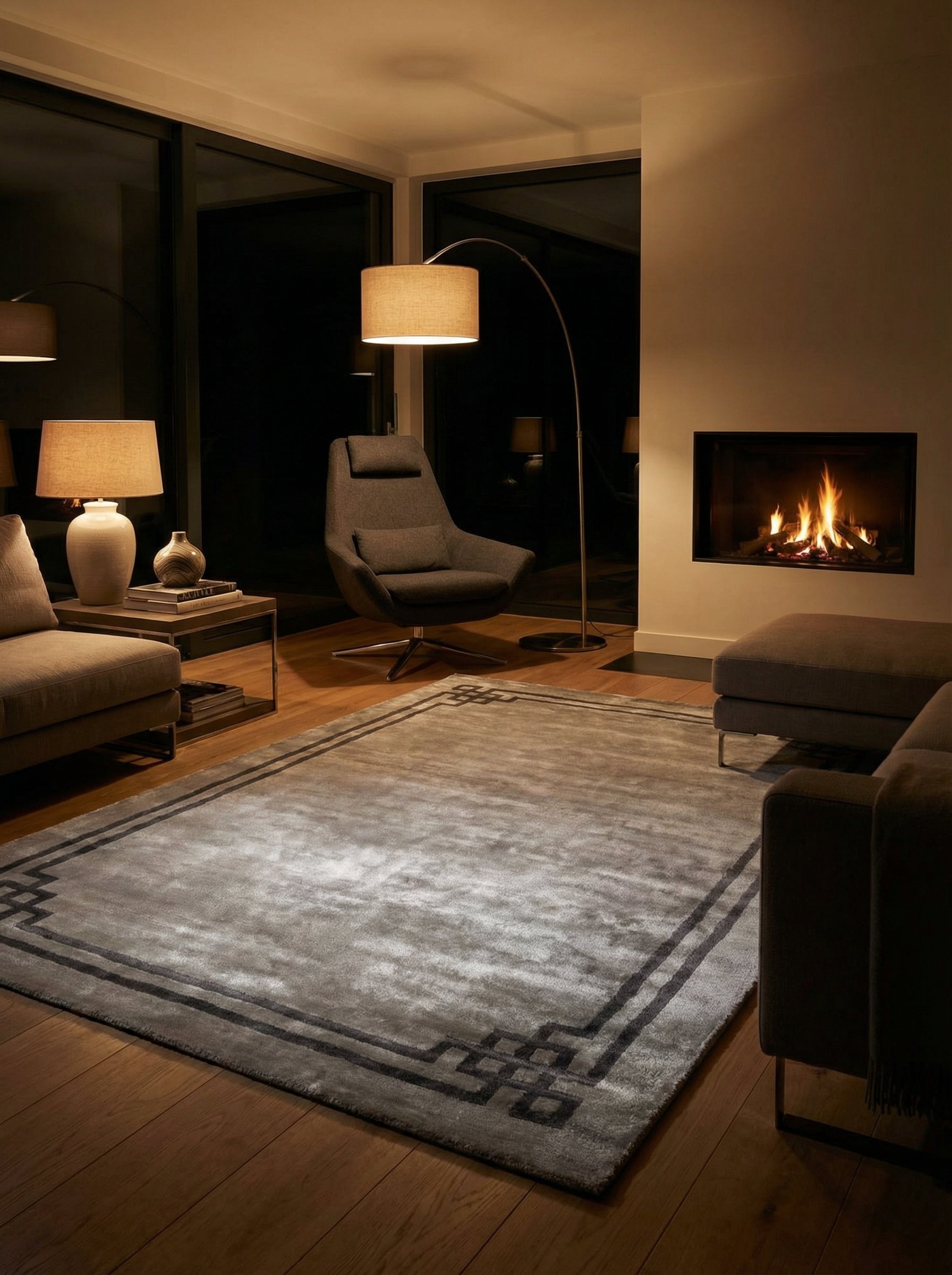 Tapis rectangulaire gris, bordure foncée. Lumière chaude, ambiance cosy dans le salon