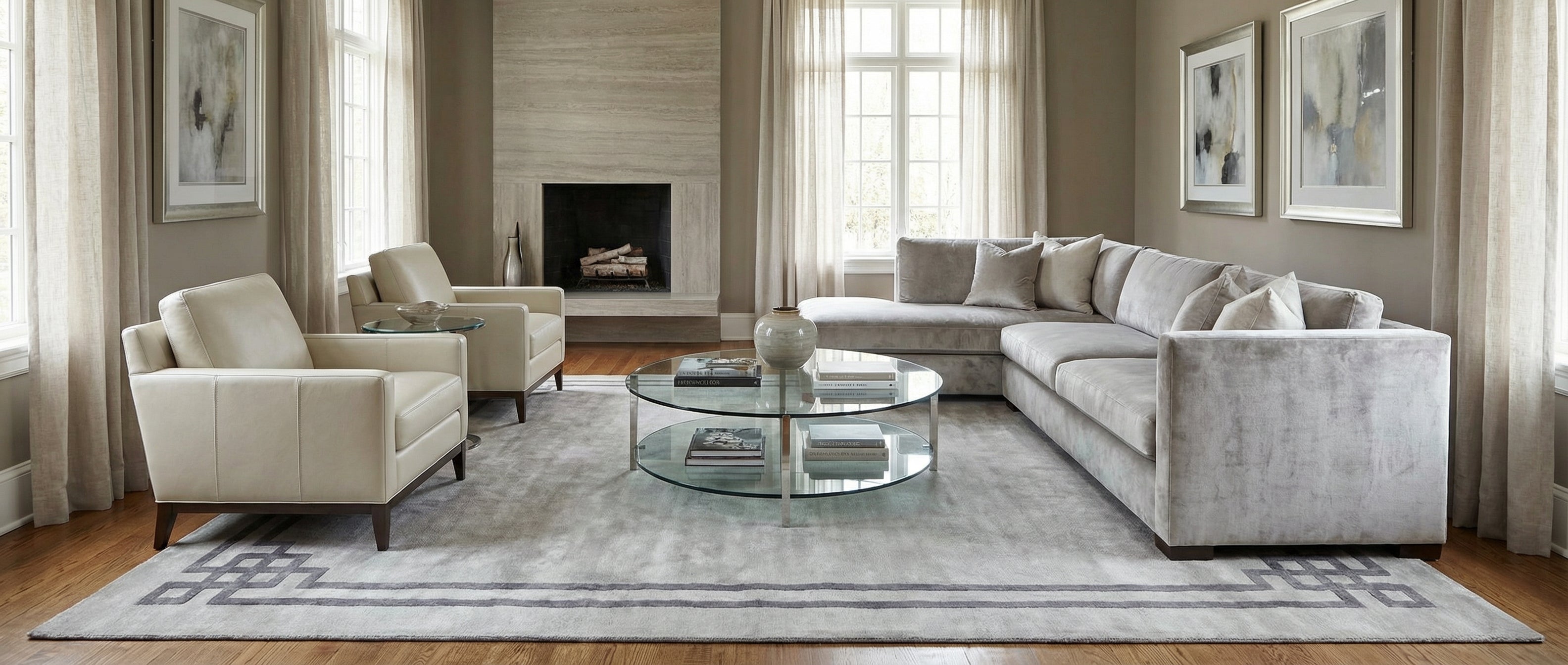 Le tapis rectangulaire gris transforme la pièce. Harmonie créée par les couleurs neutres et l'ambiance feutrée