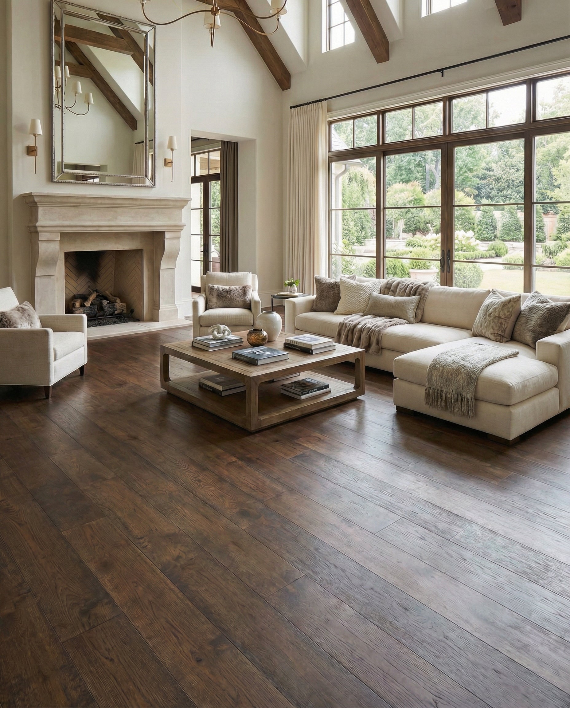 Pièce avec plancher de bois foncé, canapé et fauteuils beiges, cheminée, miroir, fenêtres, ambiance lumineuse