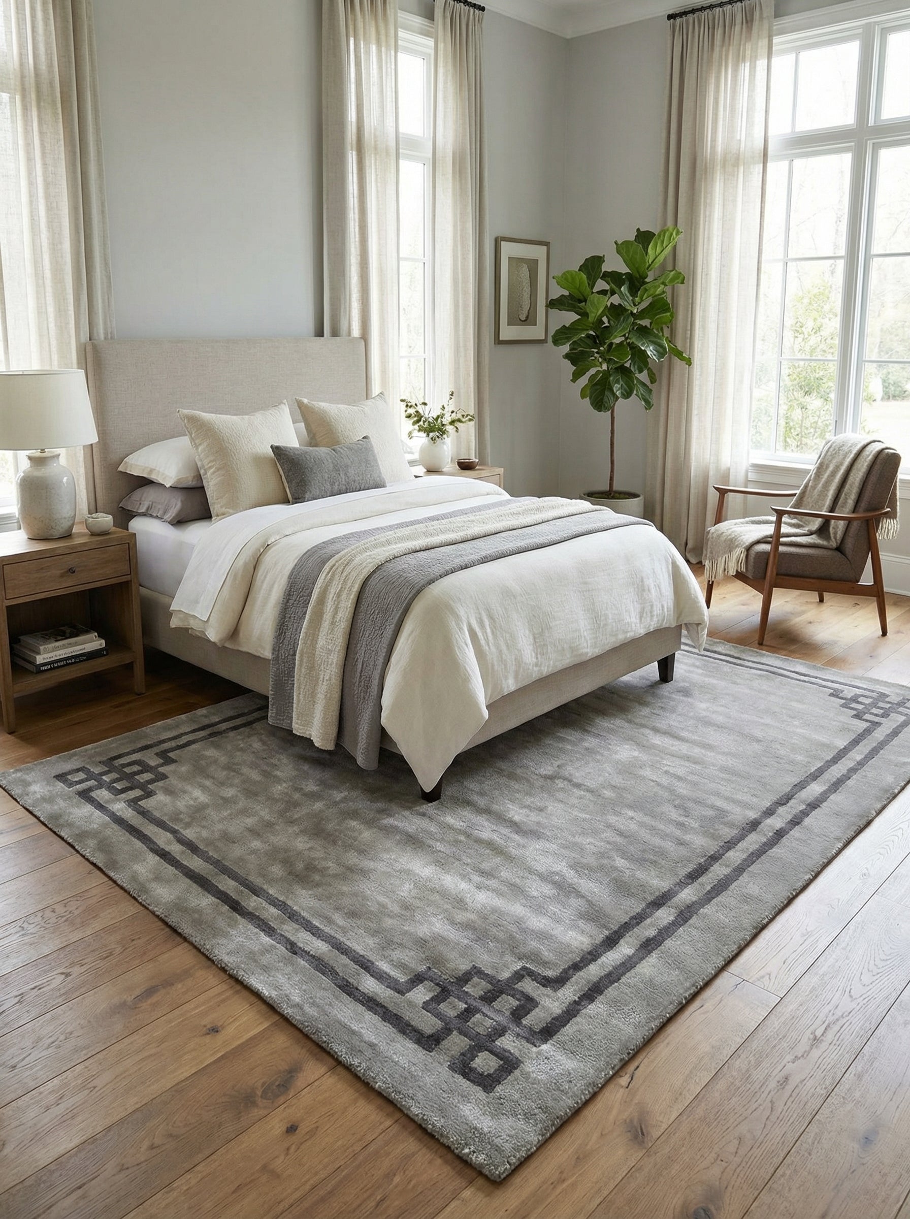 Tapis rectangulaire gris foncé et clair, motifs géométriques. Chambre harmonieuse, ambiance zen, style épuré