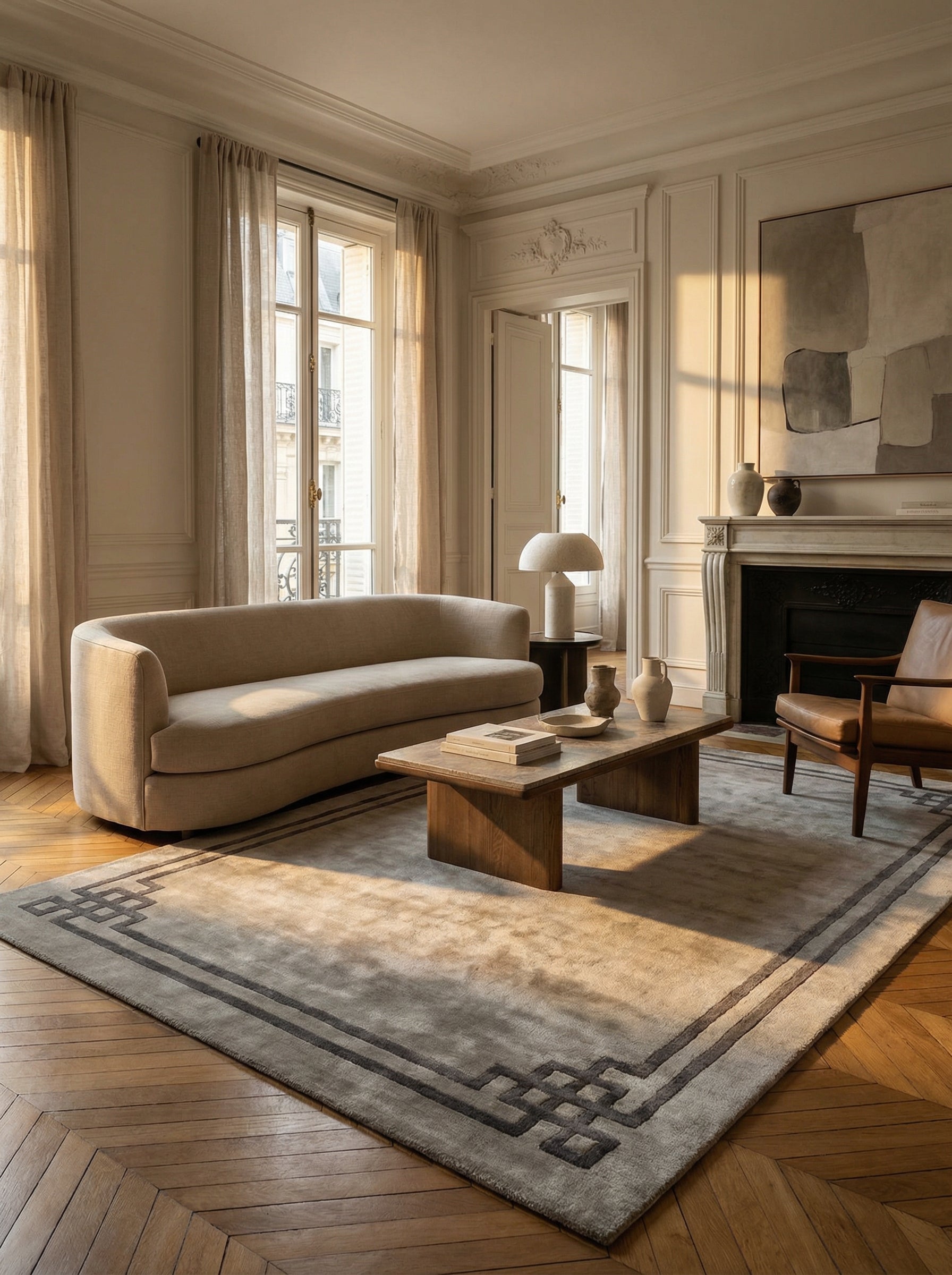 Tapis rectangulaire gris, motifs géométriques foncés. Élégance et style dans un salon classique