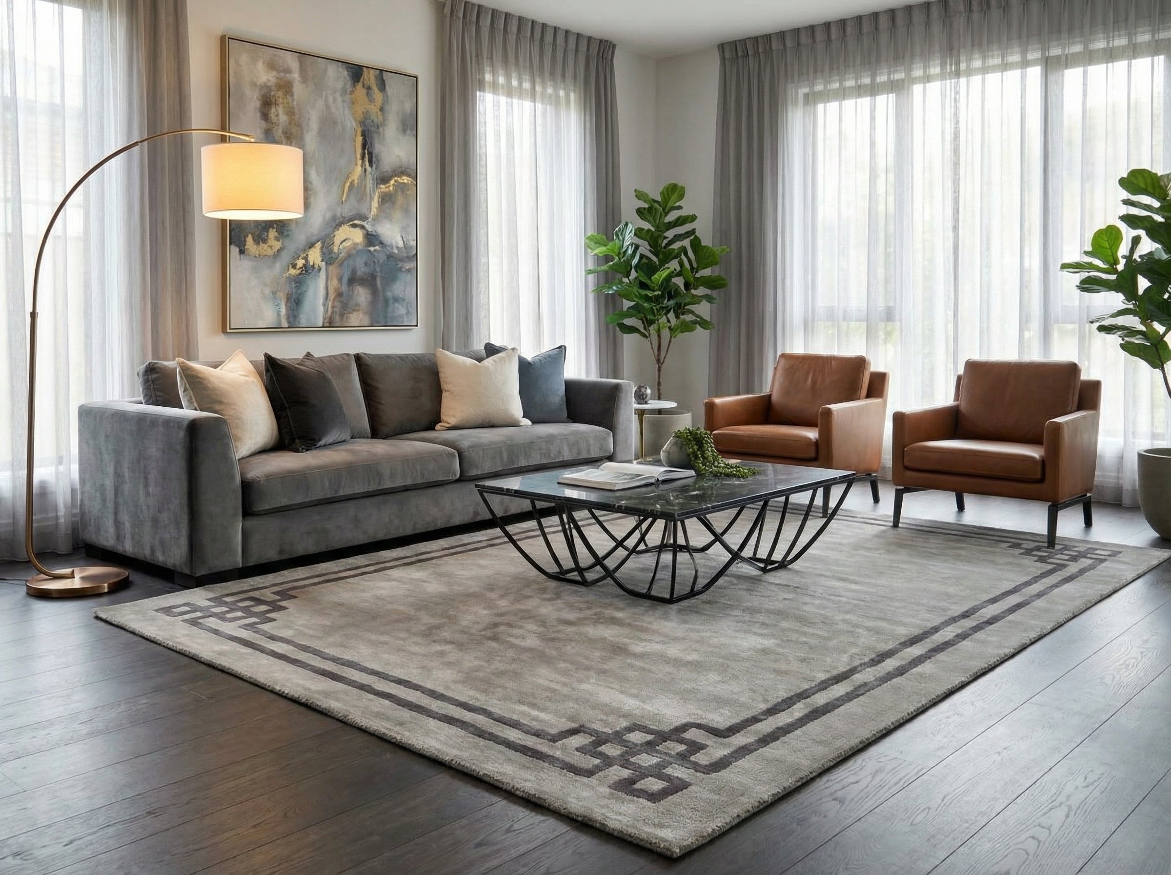 Tapis rectangulaire gris, bordure foncée, style déco contemporain. Ambiance chaleureuse dans le salon