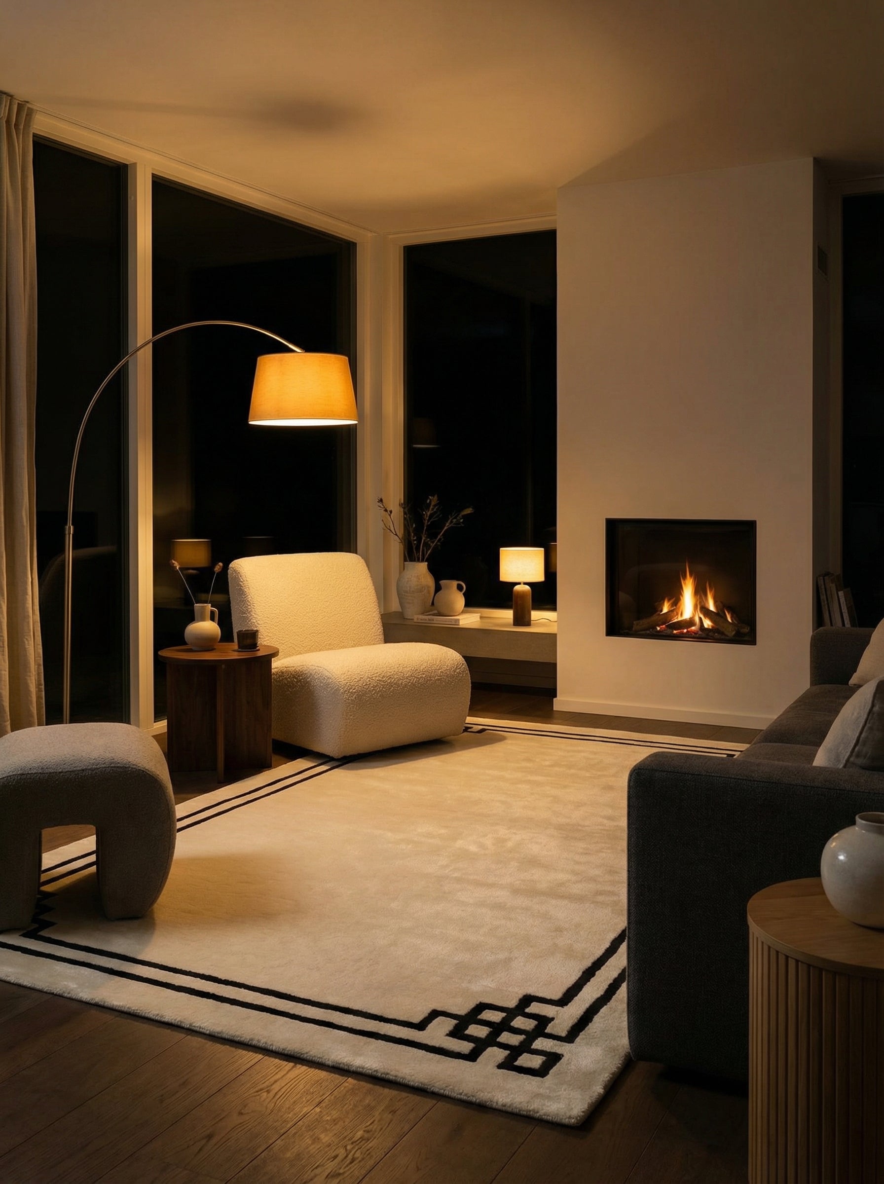 Tapis rectangulaire ivoire et noir, ambiance cosy. Lumière chaude, pièce chaleureuse