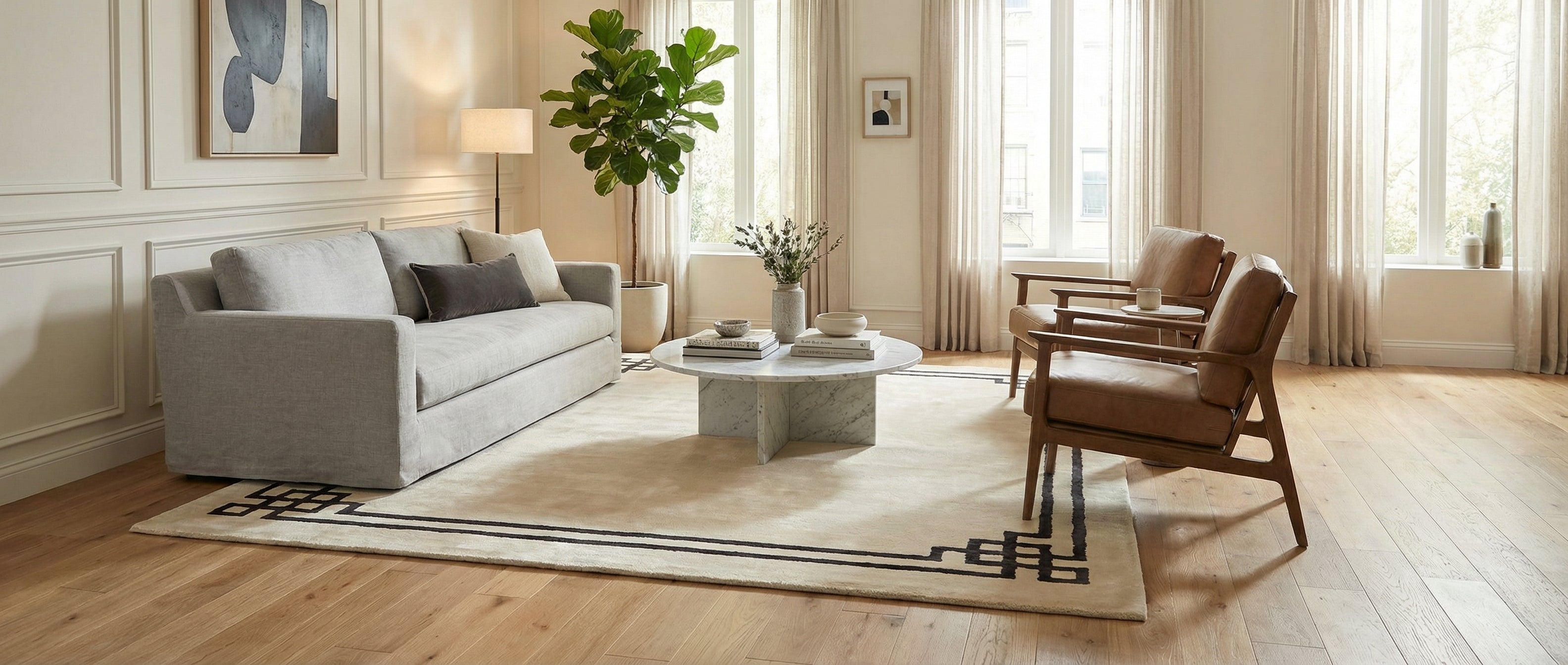 Le tapis rectangulaire crée une transformation. Les couleurs ivoire et noir harmonisent la pièce. Ambiance chaleureuse