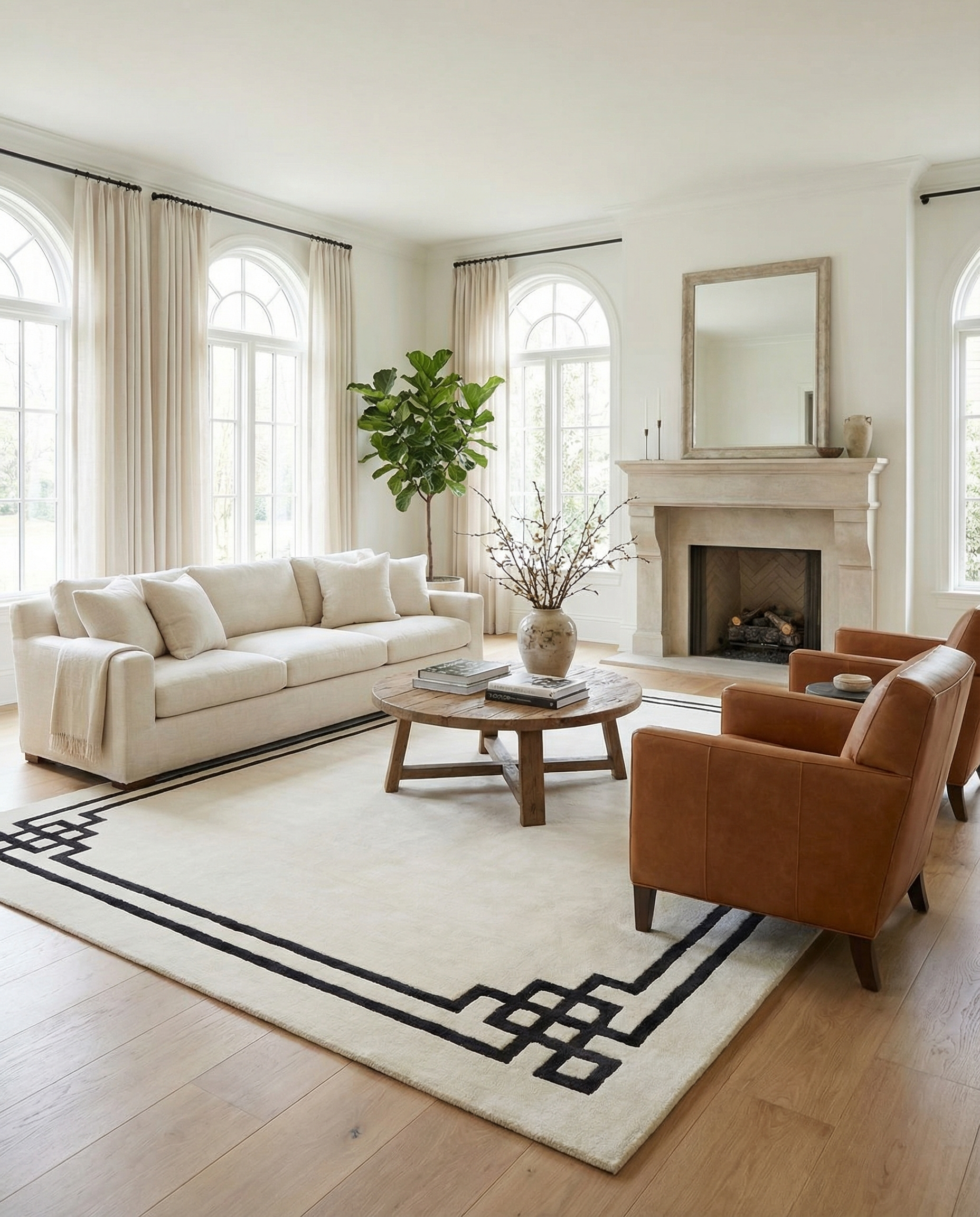 Tapis rectangulaire ivoire et noir, délimitant l'espace. Il apporte une ambiance chaleureuse dans la pièce, tout en