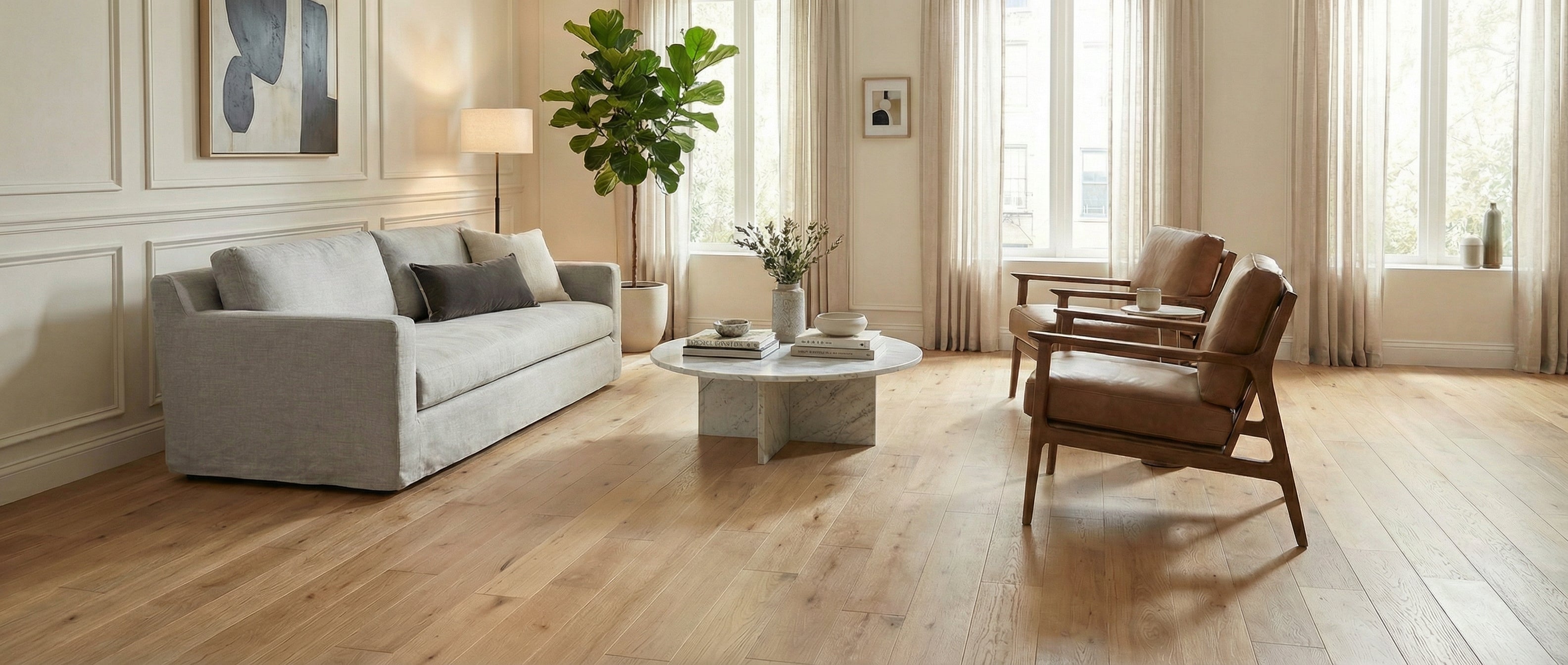 Pièce lumineuse avec plancher clair. Canapé gris, fauteuils en cuir, table ronde. Espace vide, potentiel déco