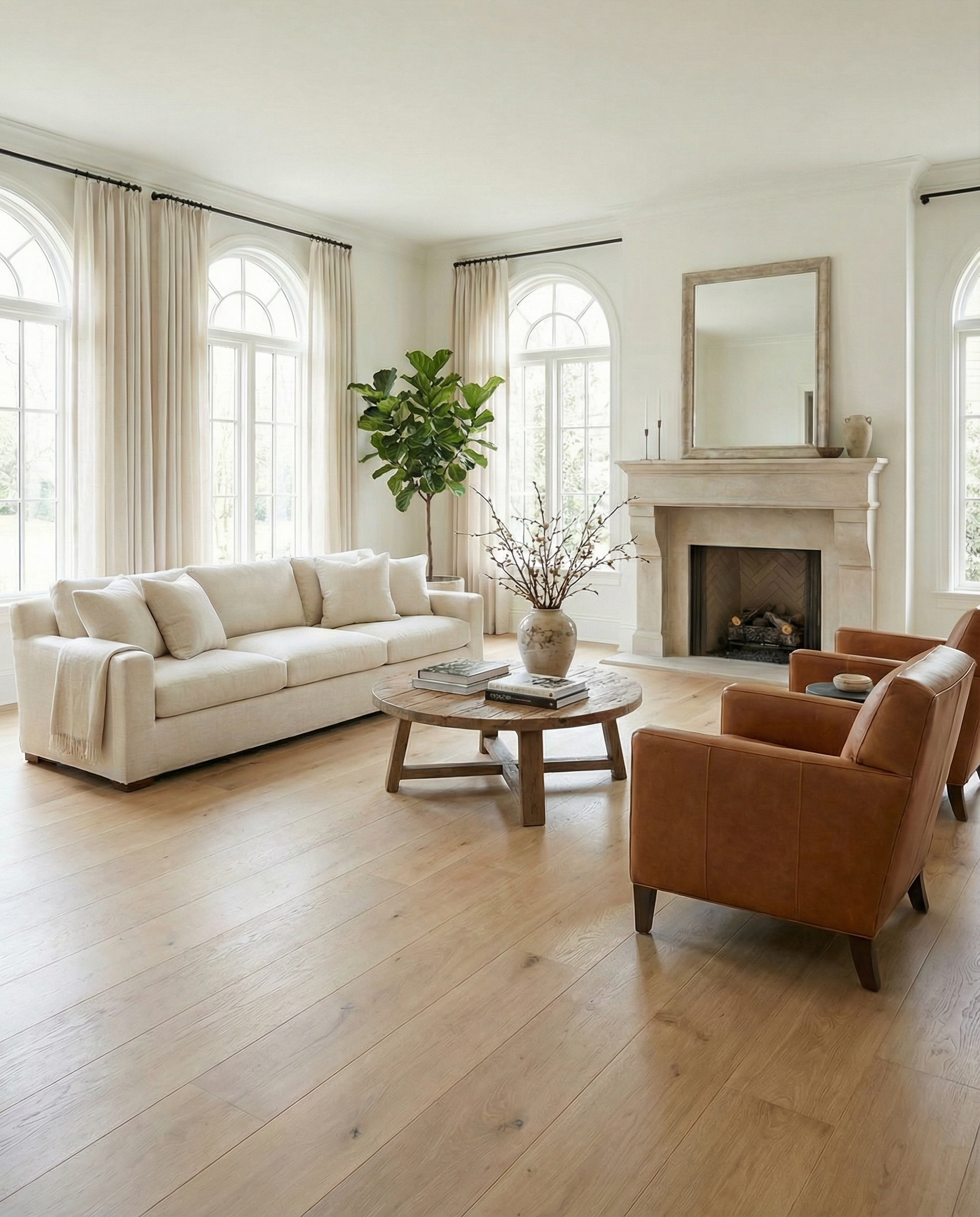 Pièce lumineuse avec parquet clair, canapé crème, fauteuils marron, cheminée et fenêtres cintrées. L'espace est prêt pour