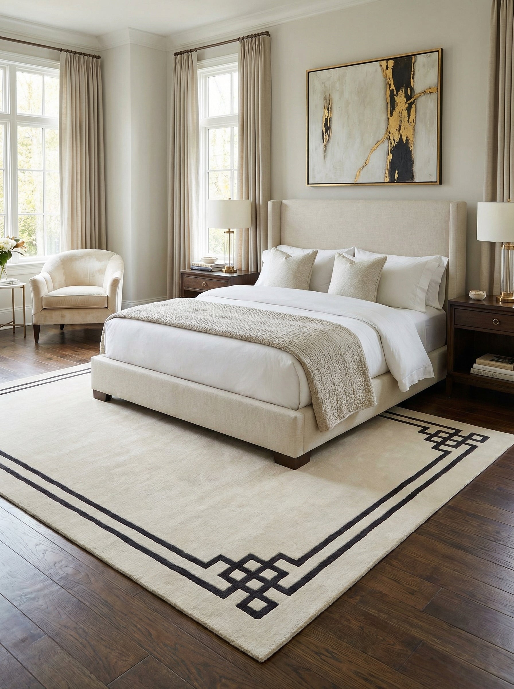 Tapis rectangulaire ivoire et noir, harmonie avec la pièce. Ambiance élégante dans la chambre