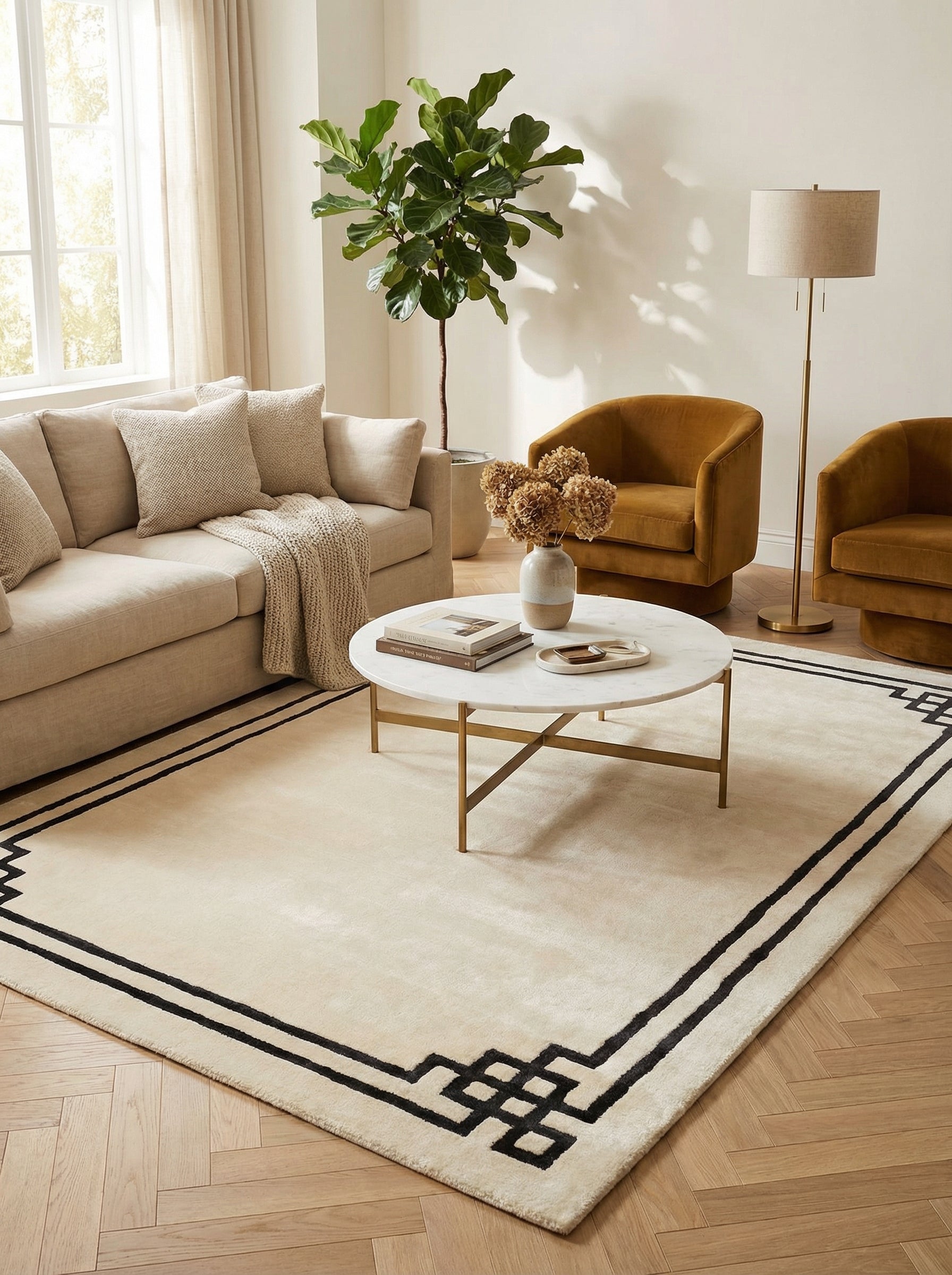 Tapis rectangulaire ivoire et noir, design épuré, style contemporain dans un salon