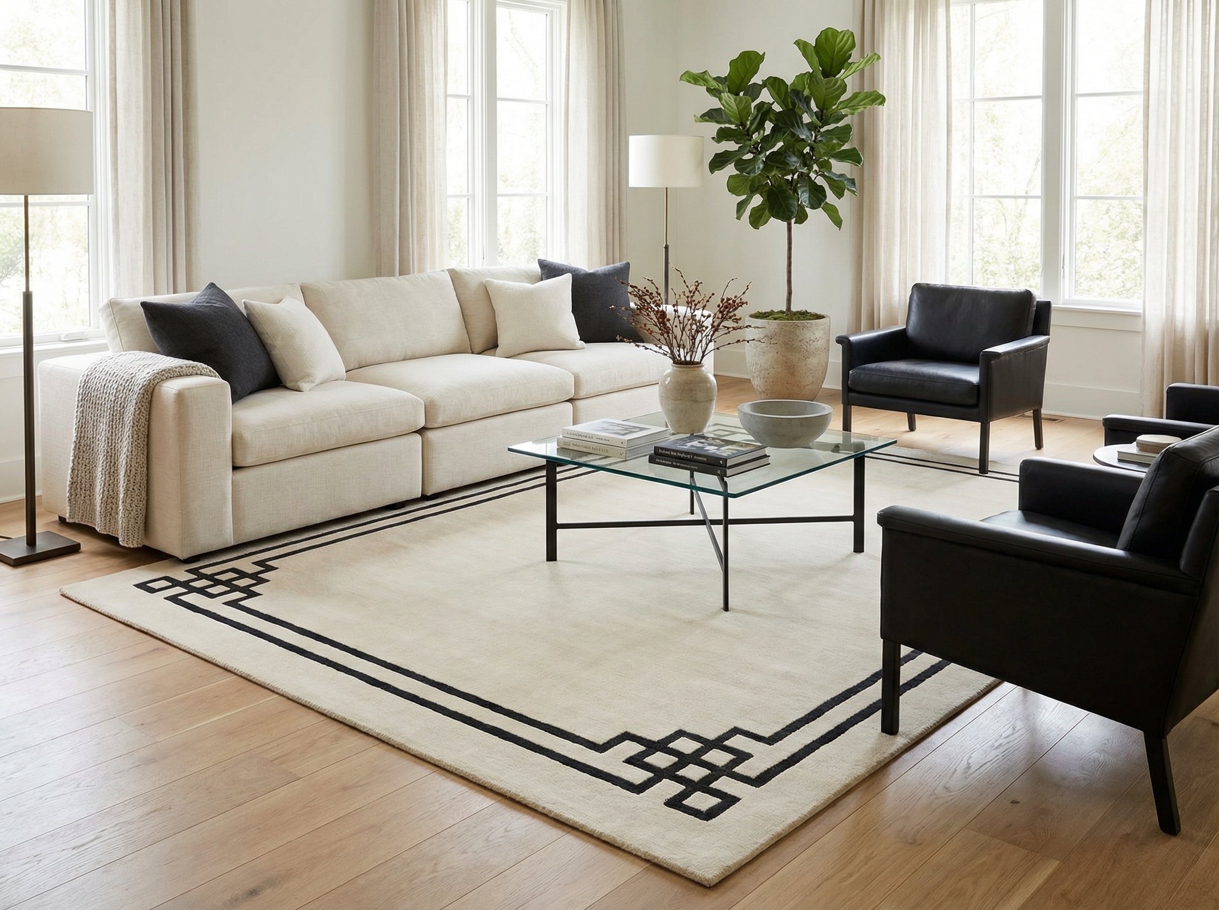 Tapis rectangulaire ivoire et noir, motif géométrique. Pièce lumineuse, ambiance moderne et épurée