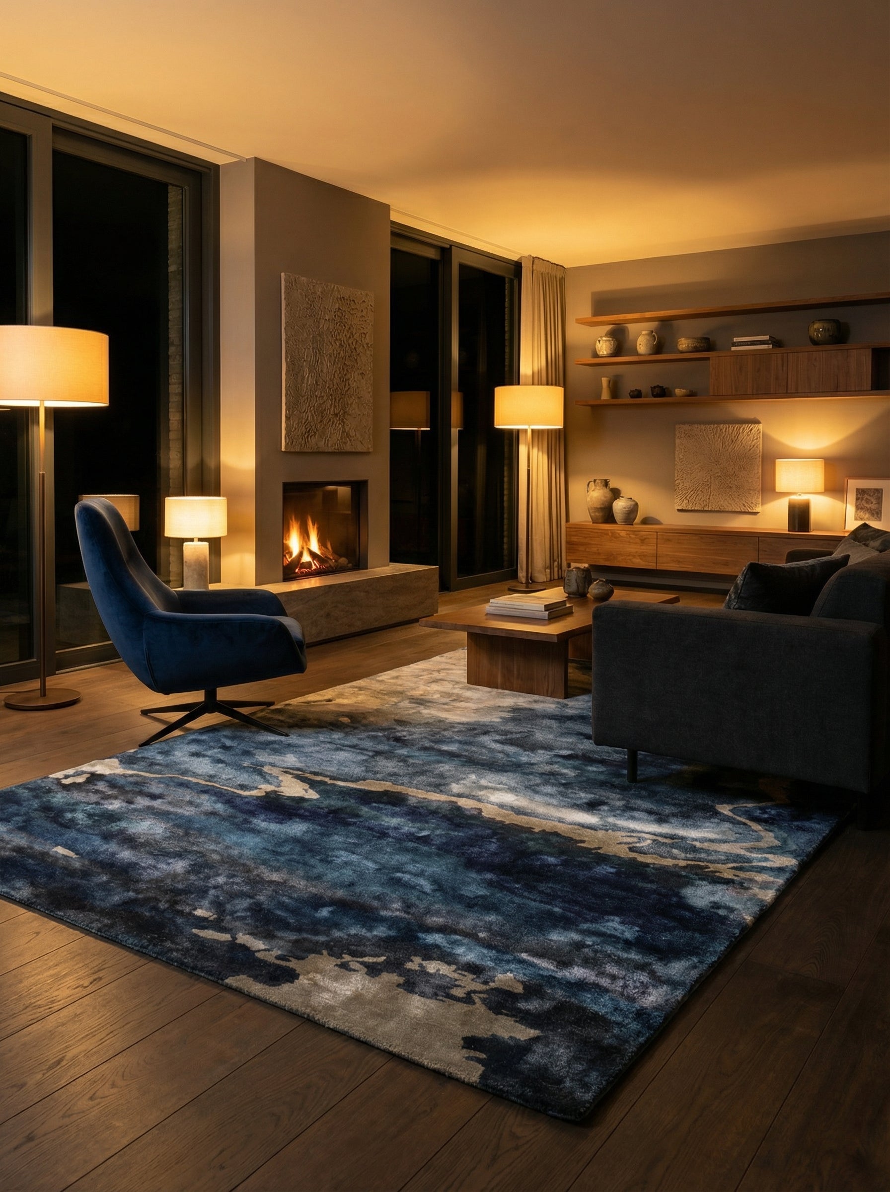 Tapis rectangulaire bleu et beige, lumière chaude, ambiance cosy dans le salon, éclairage tamisé