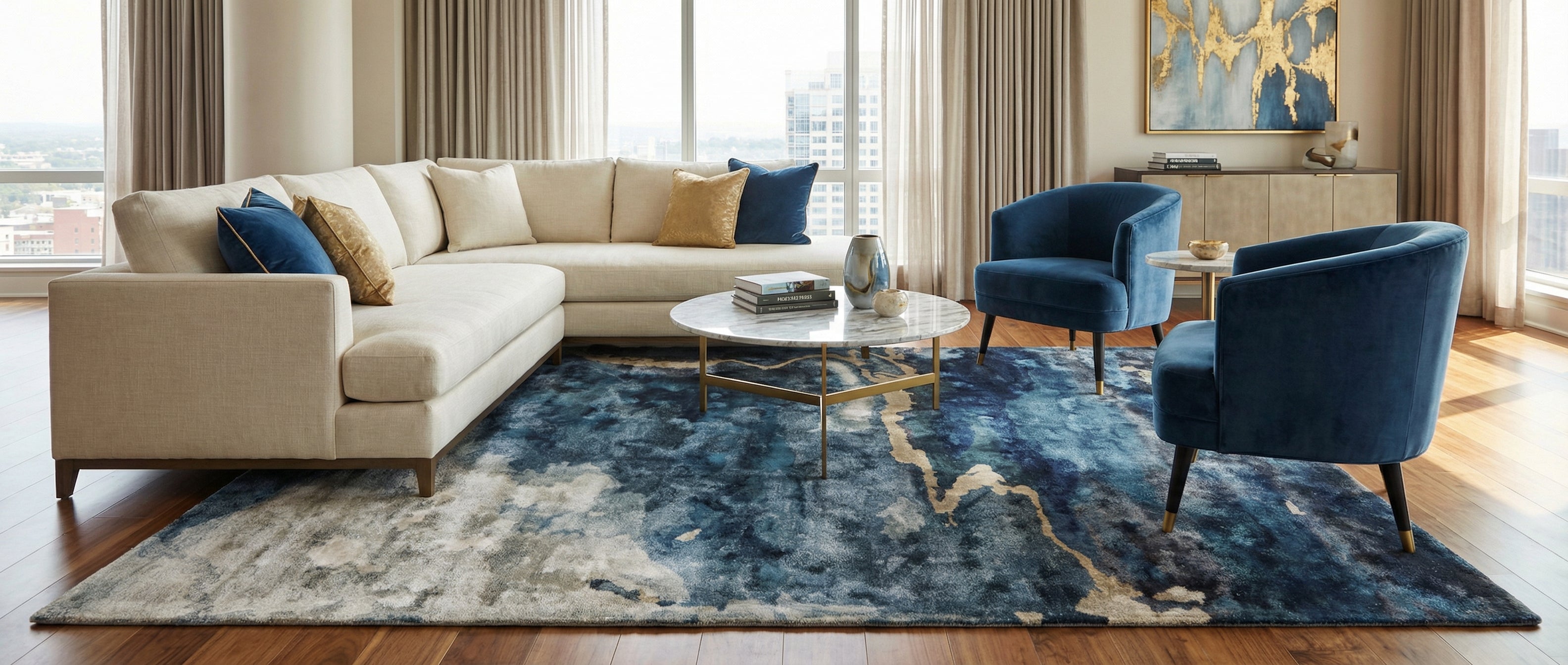 Tapis rectangulaire bleu et gris transforme la pièce, créant une harmonie avec le mobilier et l'ambiance générale