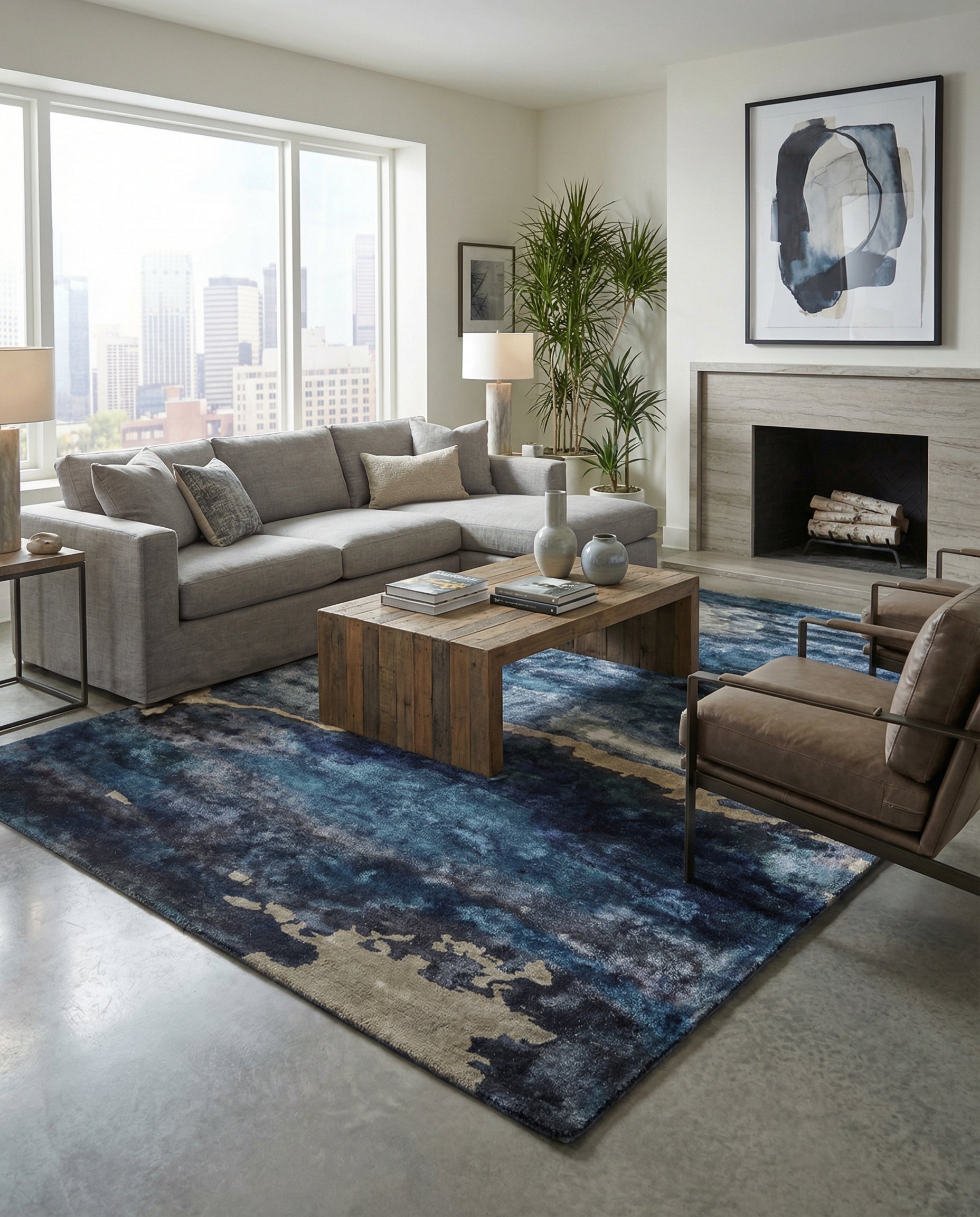 Tapis rectangulaire bleu et beige, pièce lumineuse. Ambiance chaleureuse grâce aux couleurs et motifs