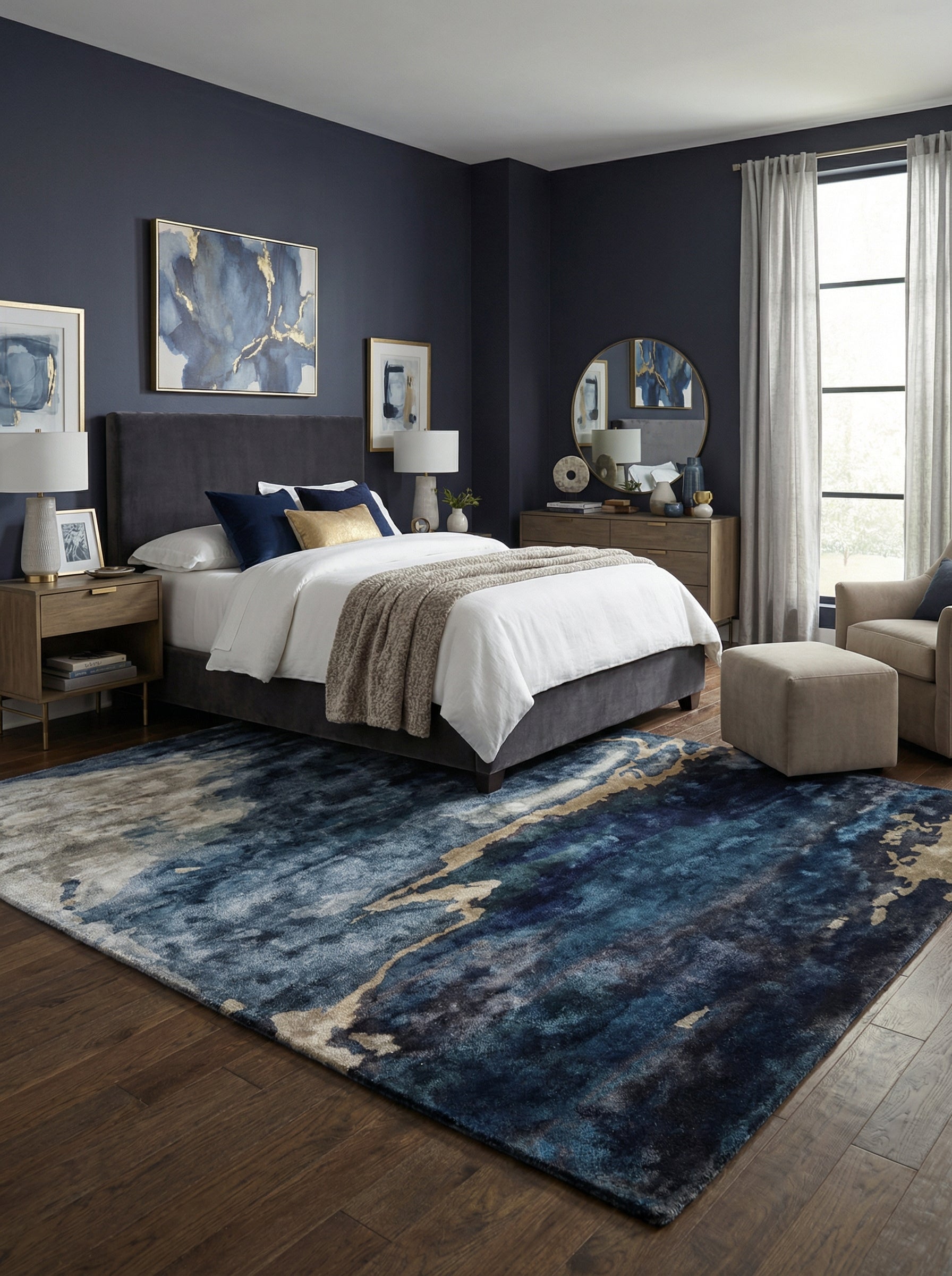 Tapis rectangulaire bleu et ambre. Harmonie avec la pièce. Ambiance feutrée. Style contemporain