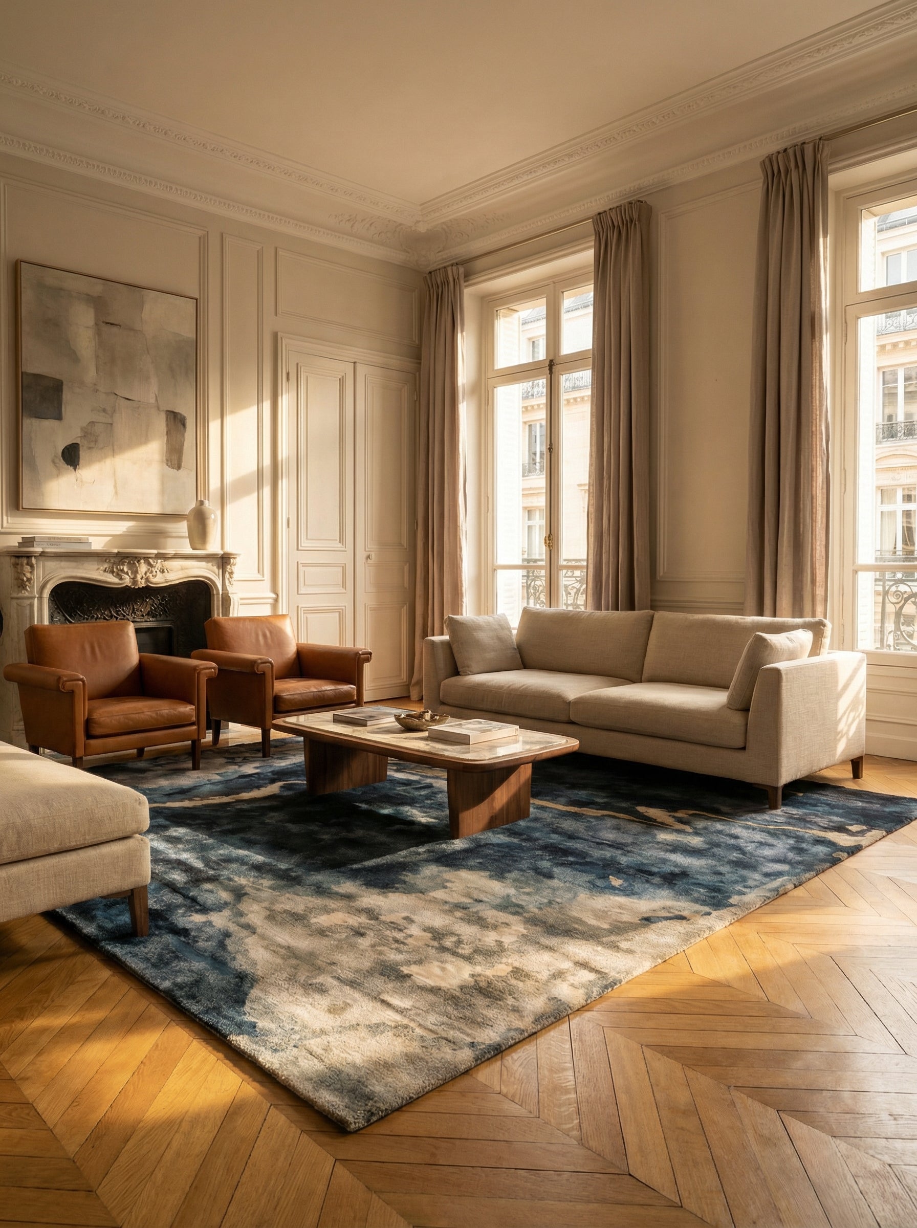 Tapis rectangulaire bleu et beige dans un salon classique. Élégance et style pour cette pièce lumineuse