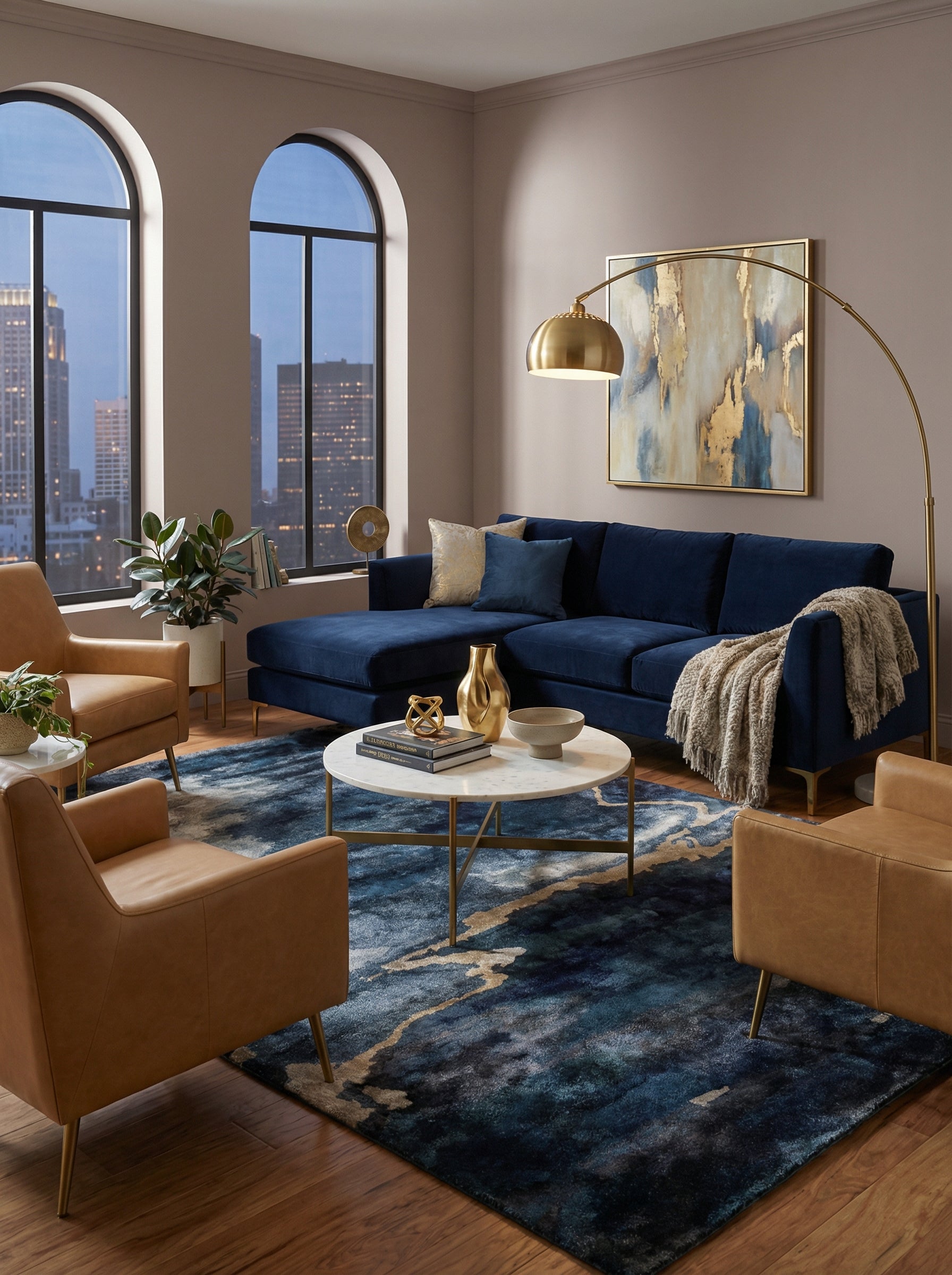 Tapis rectangulaire bleu et beige, design épuré. Style contemporain dans un salon moderne