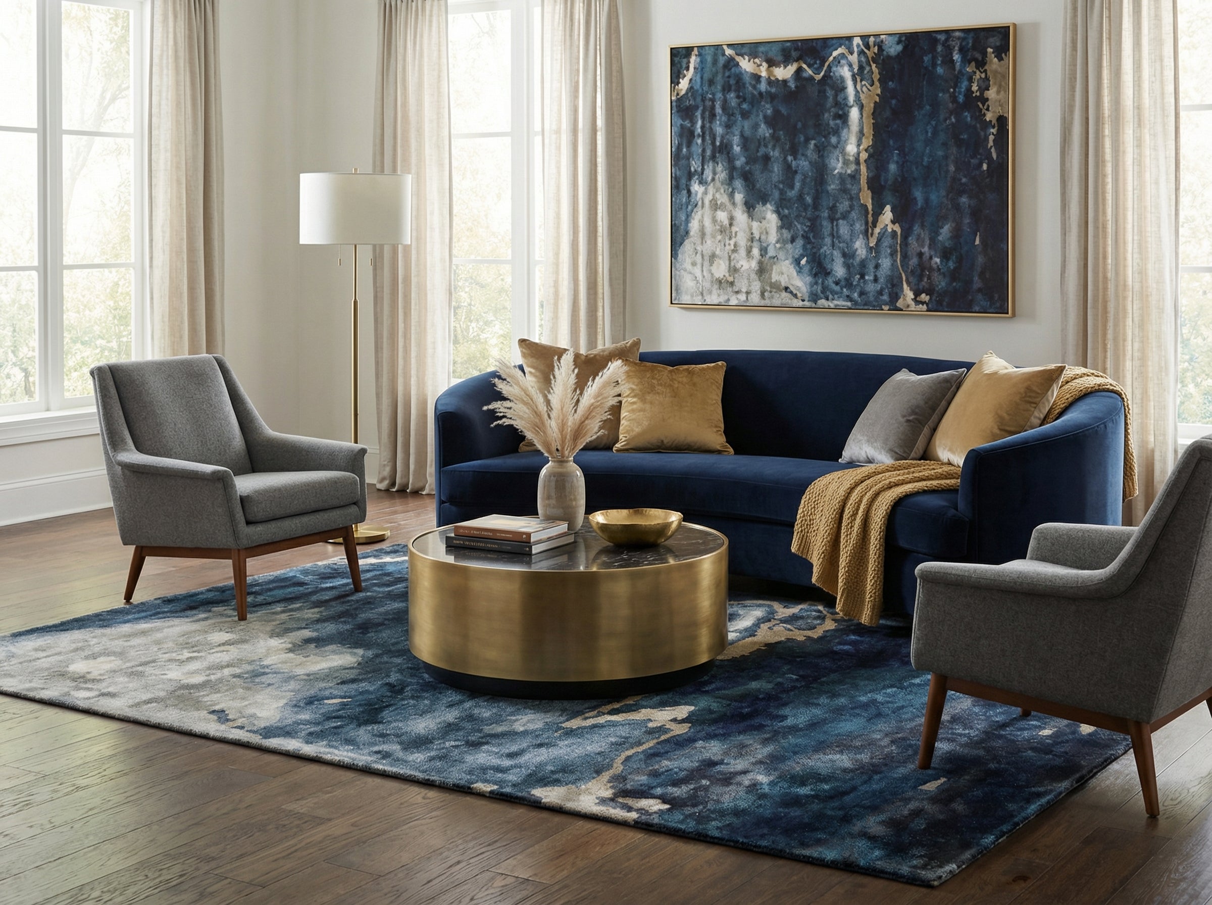 Tapis rectangulaire bleu et gris. Déco moderne, ambiance relaxante dans le salon