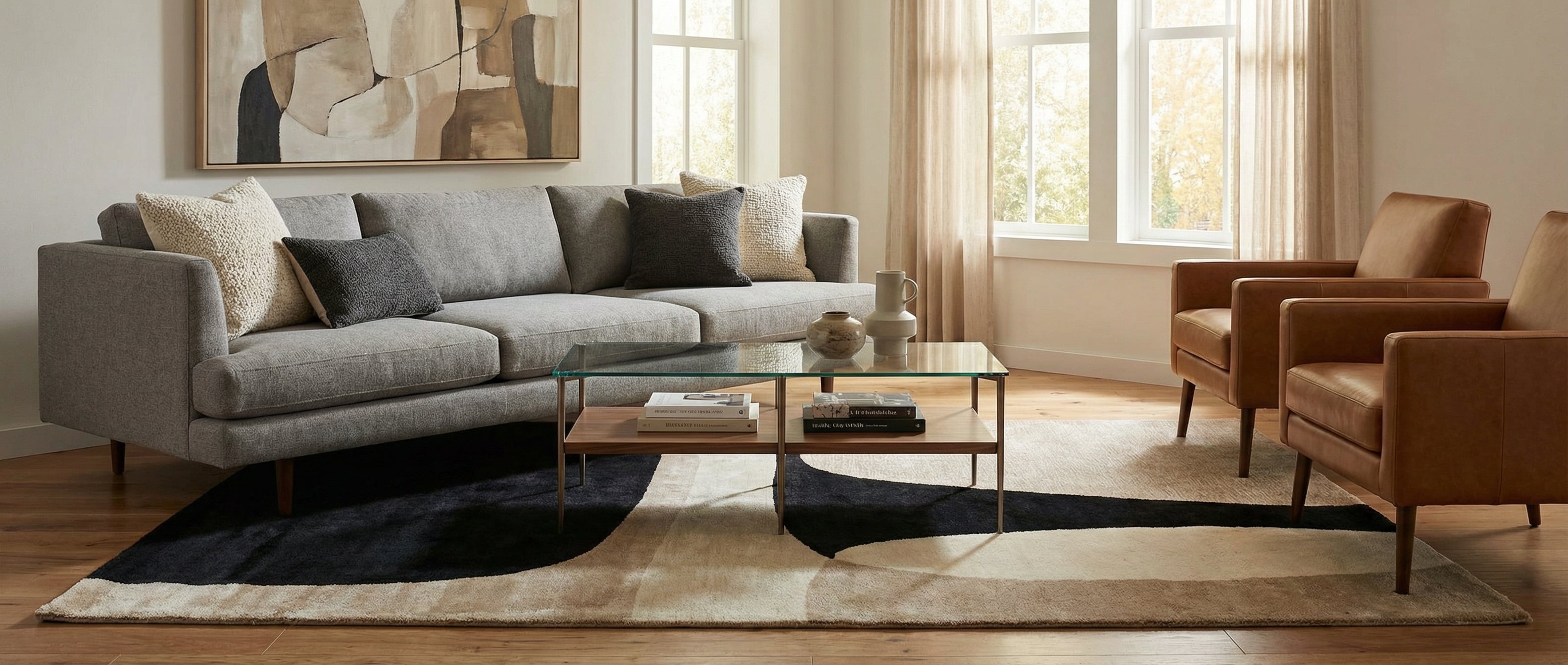 Le tapis rectangulaire beige et noir transforme la pièce. Il crée une harmonie avec l'ambiance chaleureuse