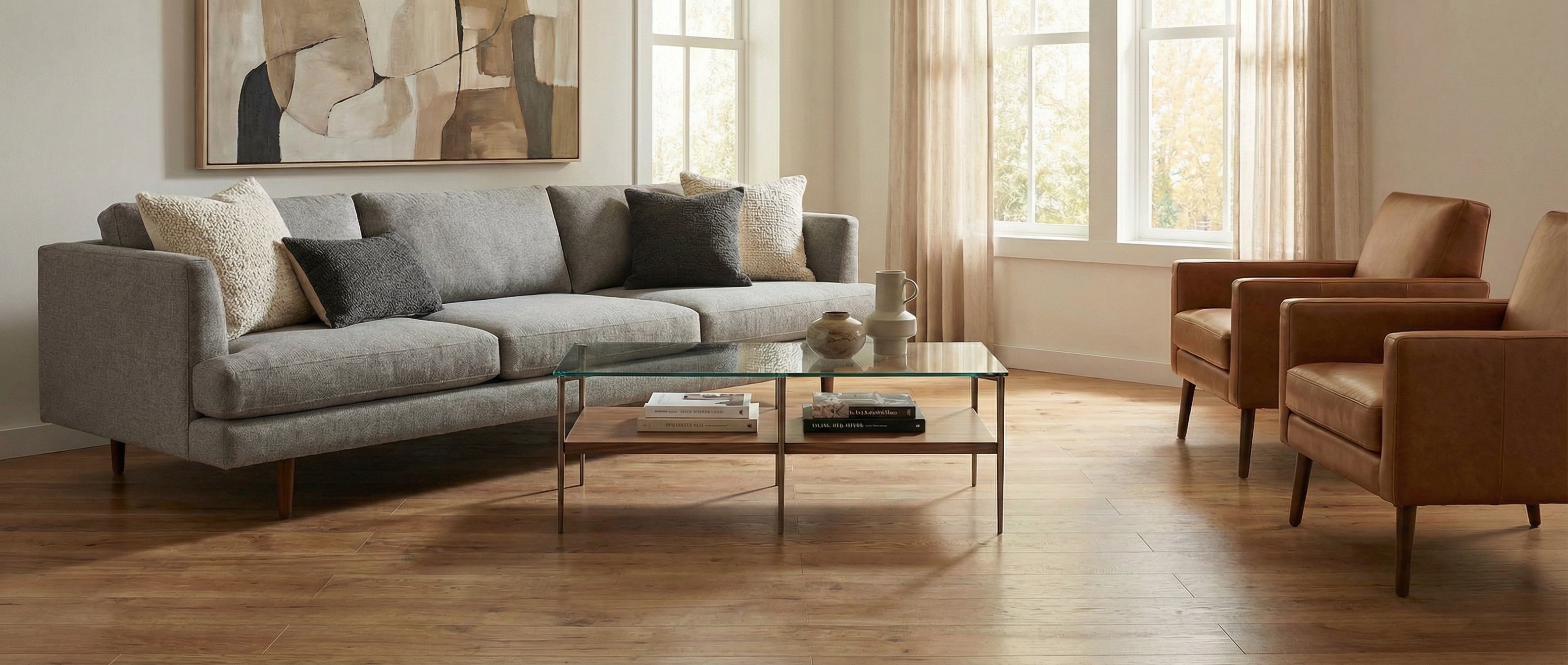 Pièce lumineuse, canapé gris, fauteuils marron, table basse. Espace vide, potentiel déco pour un tapis rectangulaire