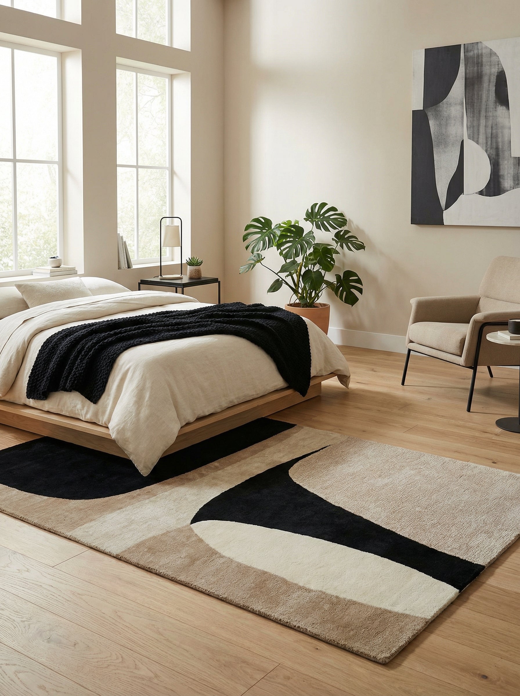 Tapis rectangulaire beige et noir. Harmonie dans la chambre. Style épuré, ambiance chaleureuse