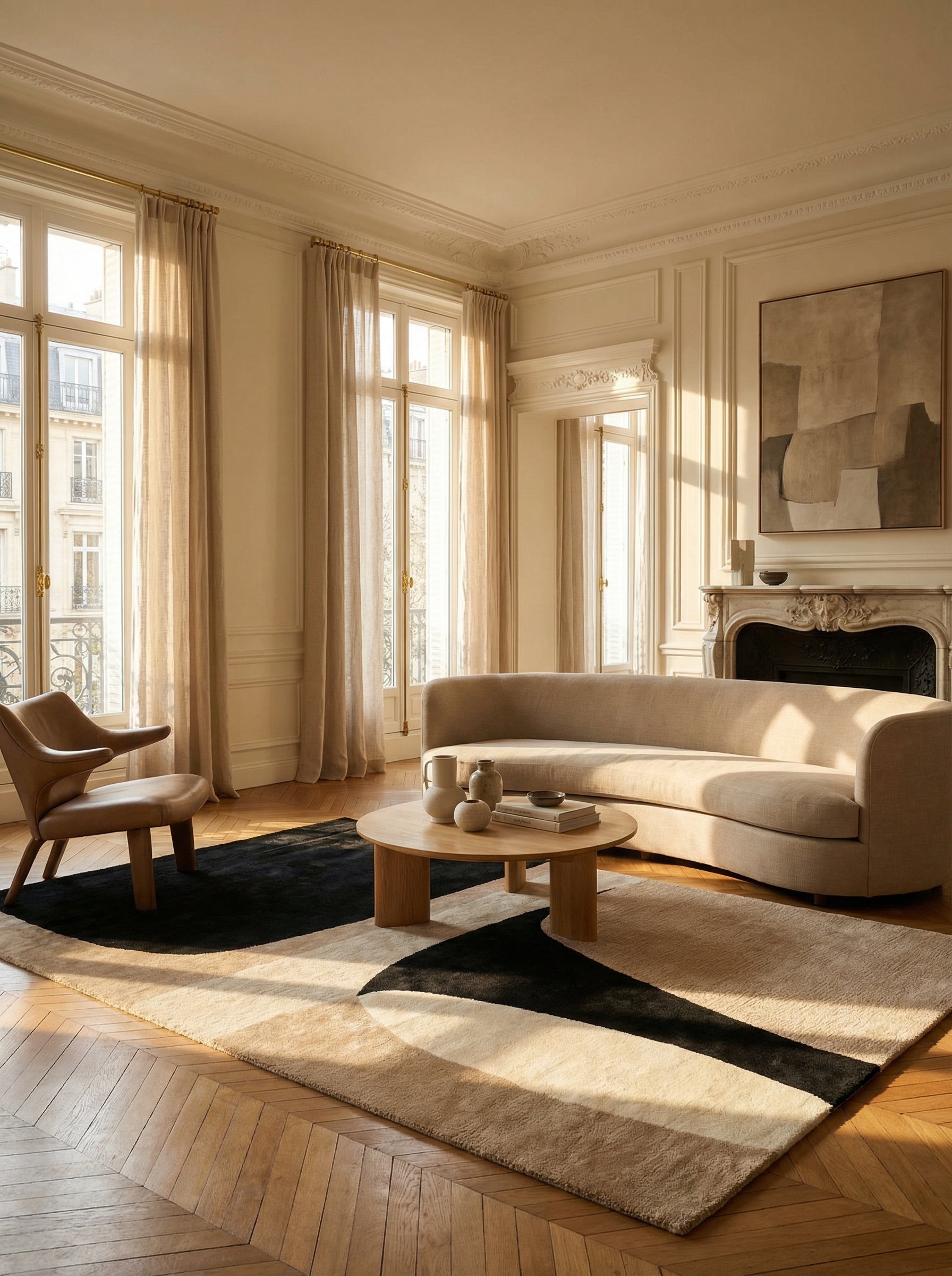 Tapis rectangulaire beige et noir. Élégance et style dans cette pièce classique. Ambiance chaleureuse